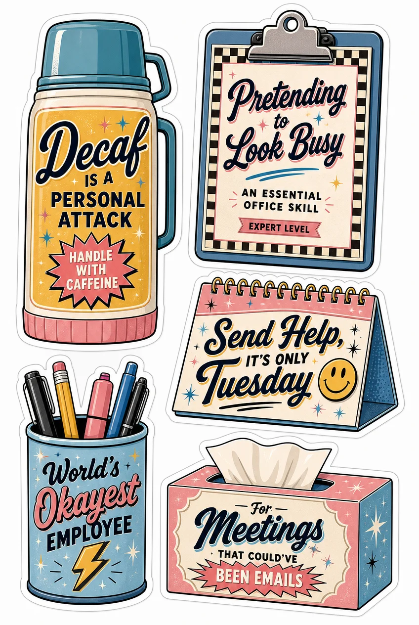 Decaf & Unnecessary Meetings Funny Office Sticker Sheet 02