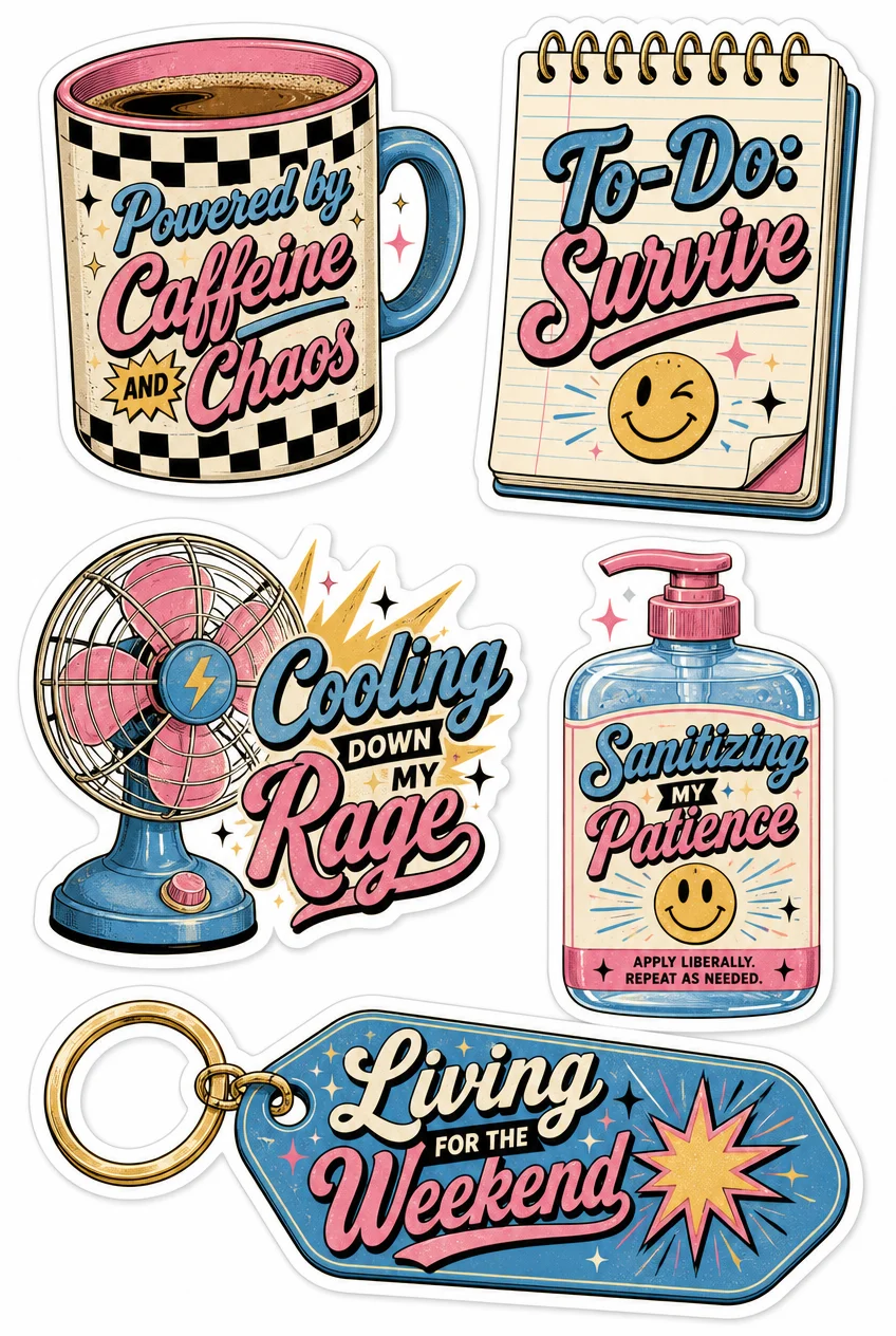 Caffeine & Chaos Funny Office Sticker Sheet 03