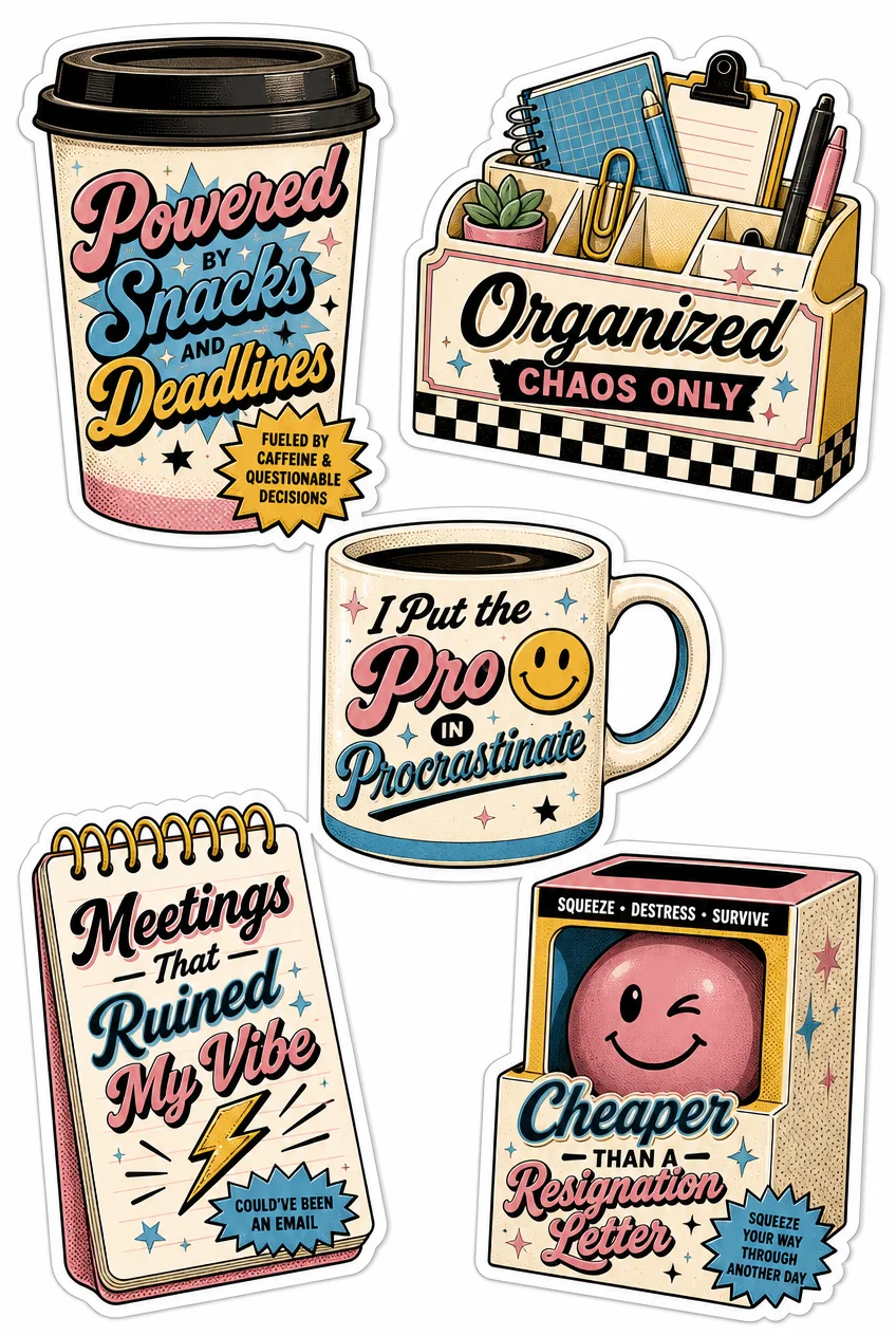 Snacks & Deadlines Funny Office Sticker Sheet 08