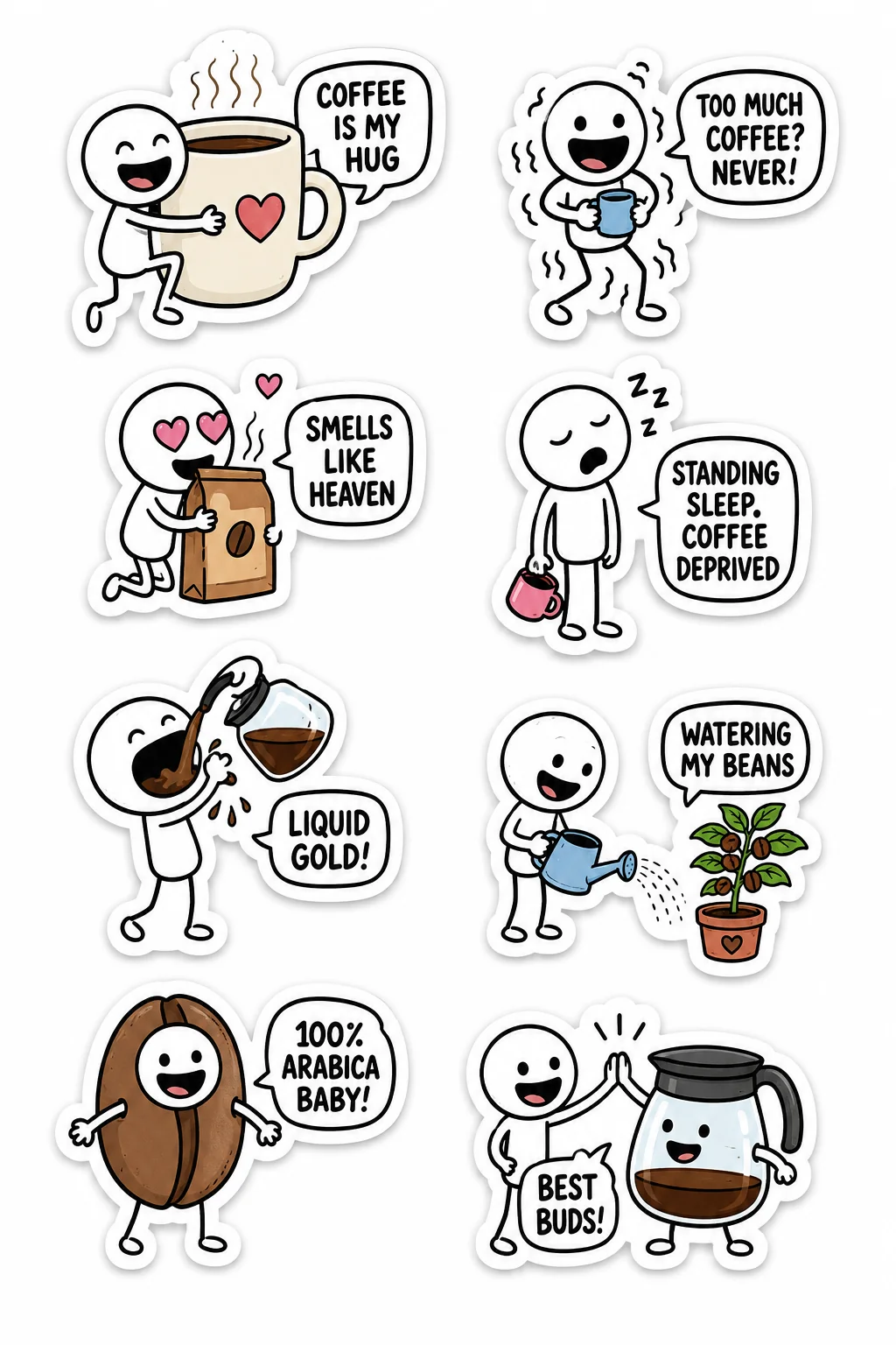 Printable funny stick figure sticker sheet with eight coffee humor stickers