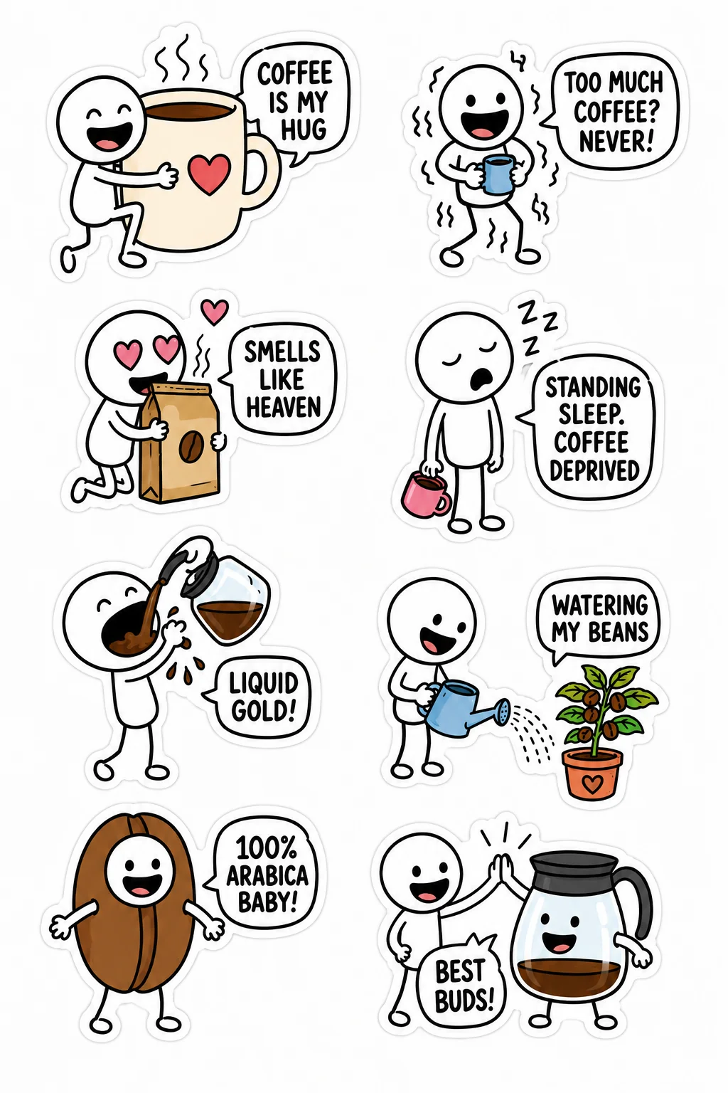 Printable funny stick figure sticker sheet with eight coffee best-buds stickers