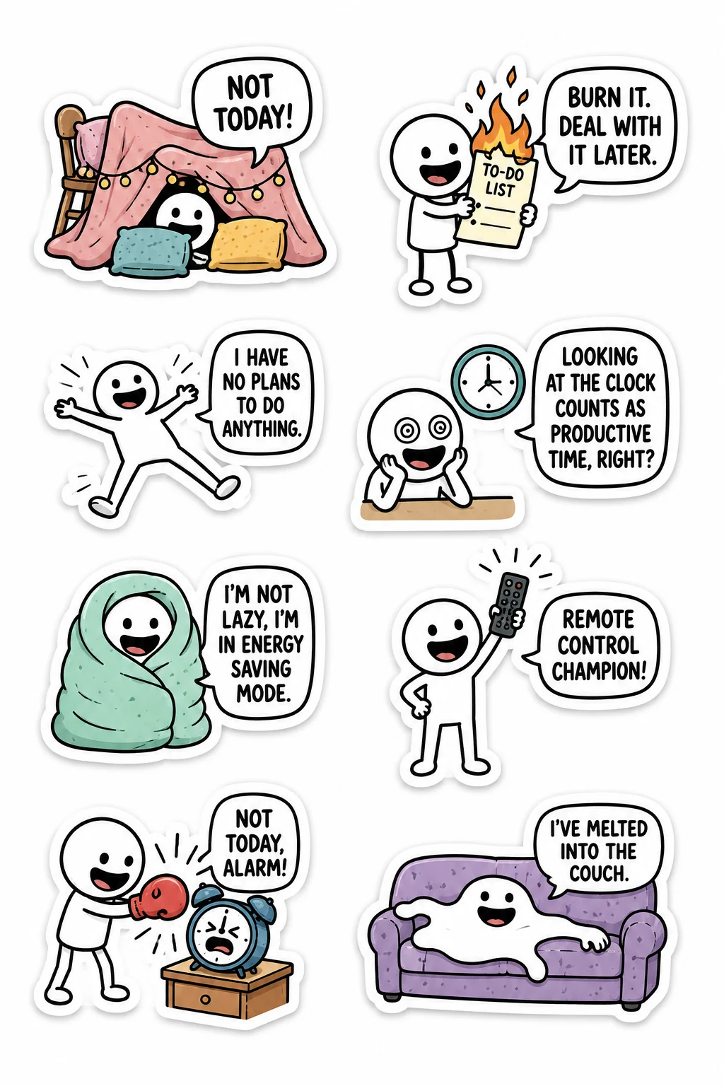 Printable funny stick figure sticker sheet with eight procrastination humor stickers