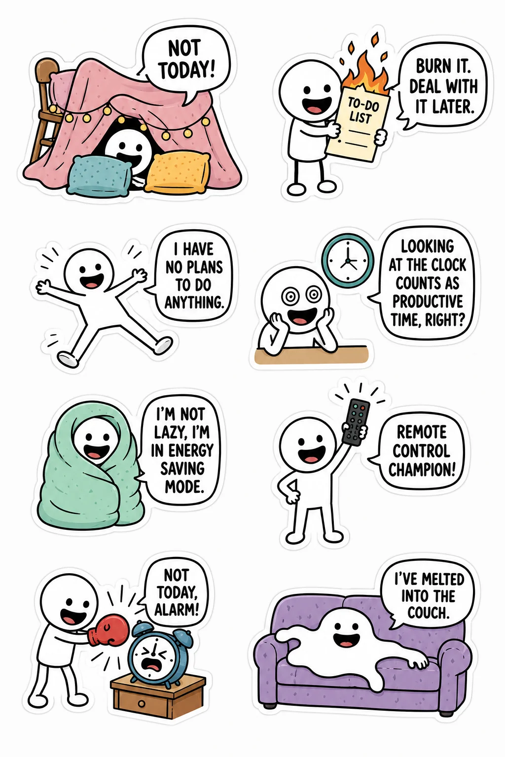 Printable funny stick figure sticker sheet with eight not-today procrastination stickers
