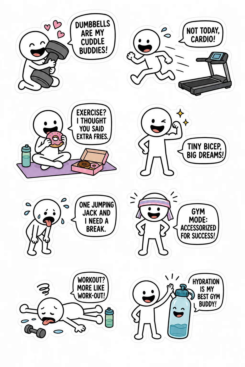 Printable funny stick figure sticker sheet with eight gym humor stickers