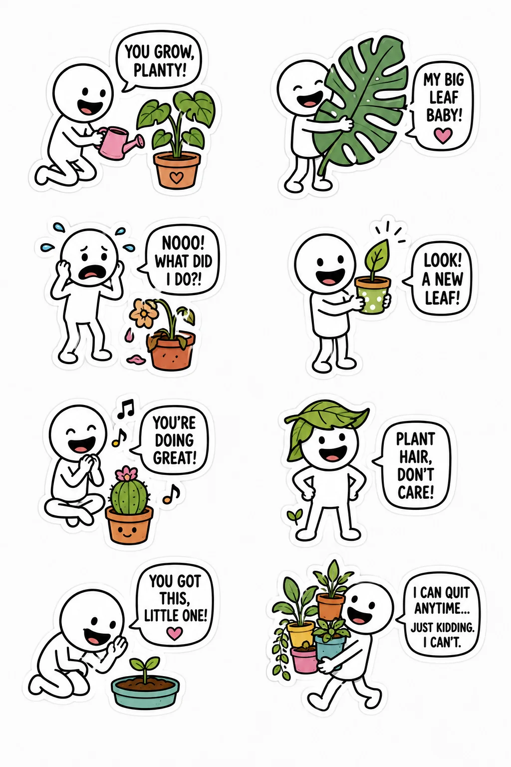 Printable funny stick figure sticker sheet with eight plant parent stickers