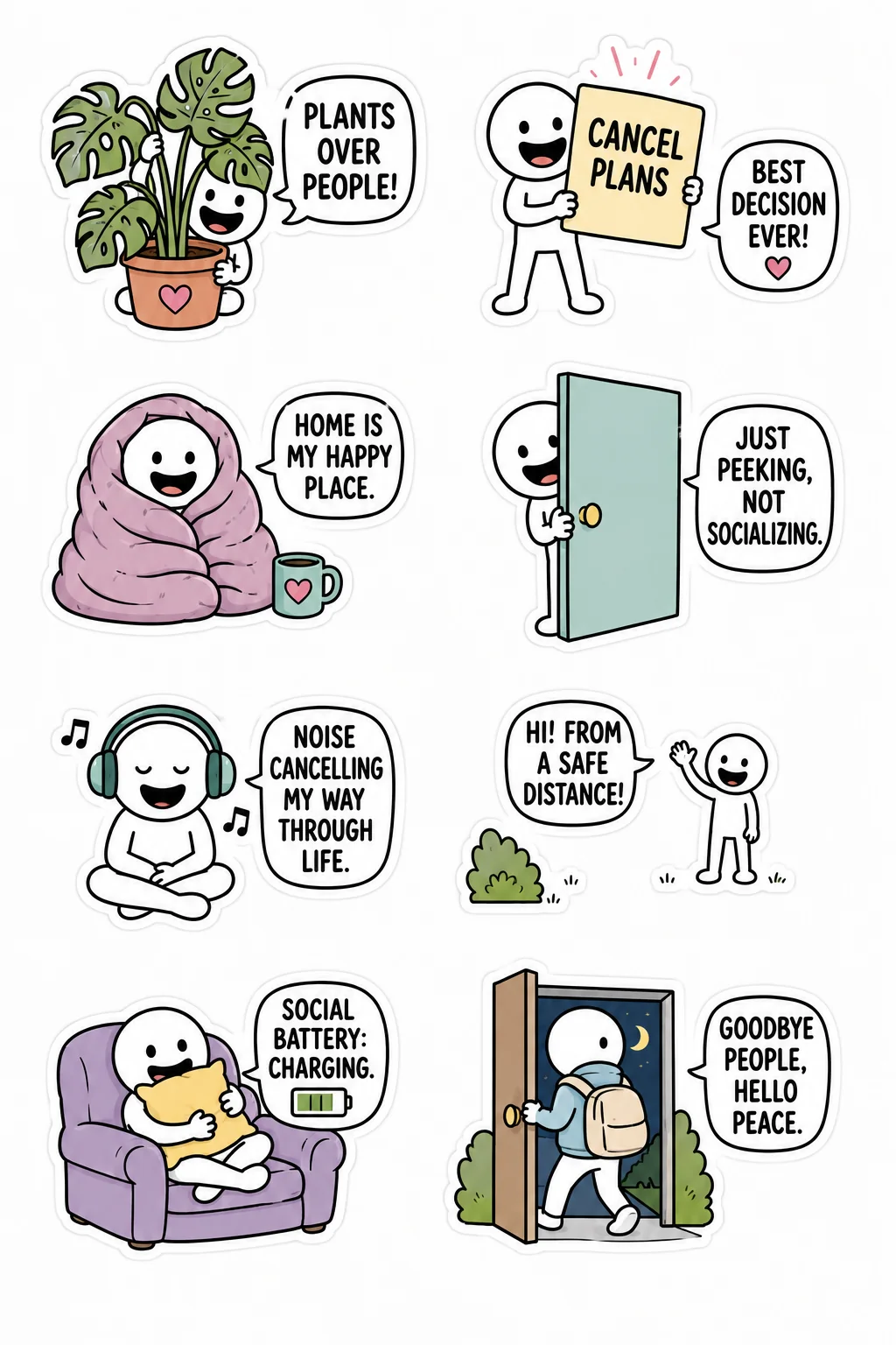 Printable funny stick figure sticker sheet with eight introvert humor stickers