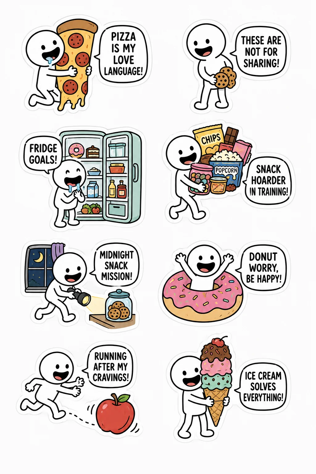 Printable funny stick figure sticker sheet with eight snack humor stickers
