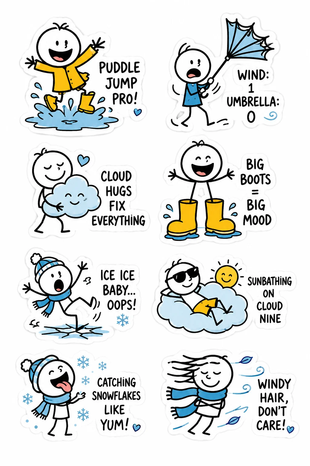 Printable funny stick figure sticker sheet with eight weather humor stickers