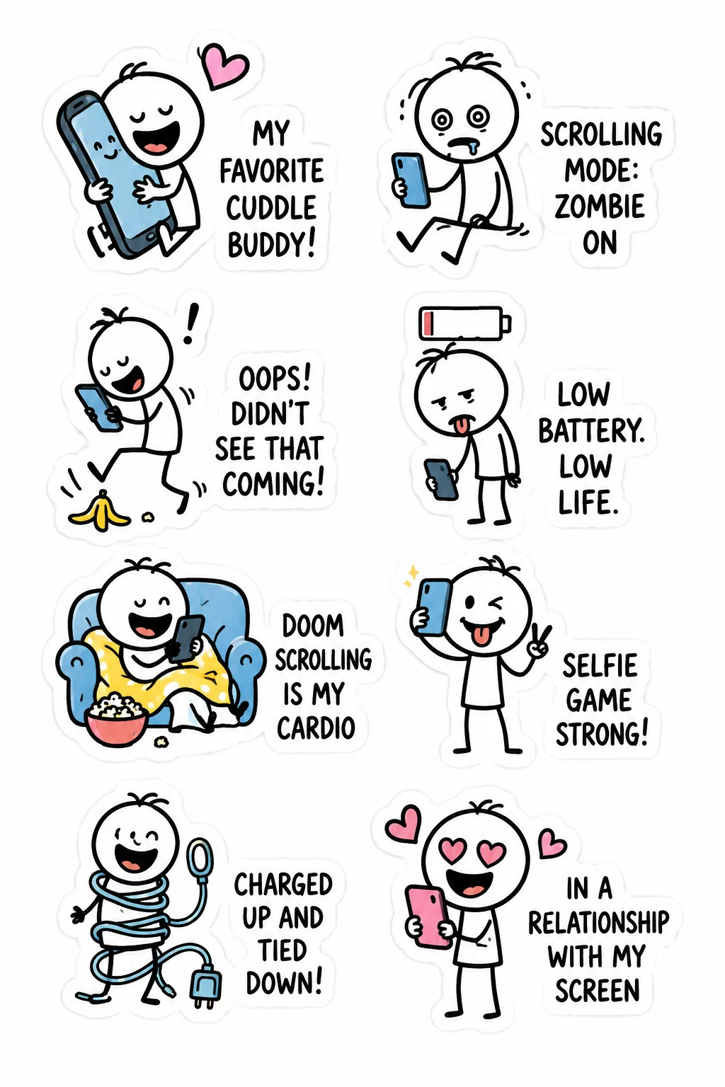 Printable funny stick figure sticker sheet with eight phone humor stickers