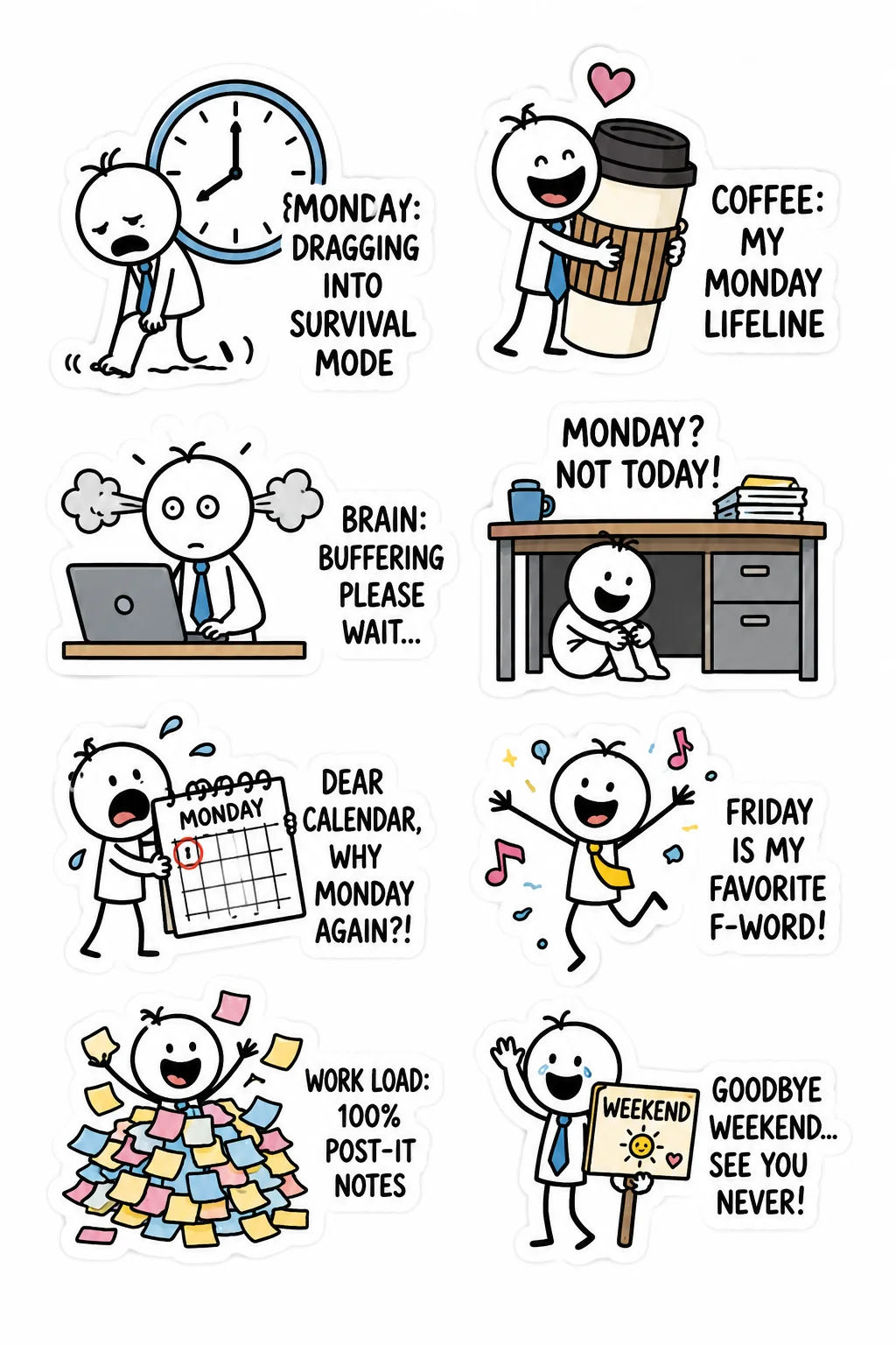 Printable funny stick figure sticker sheet with eight Monday work humor stickers