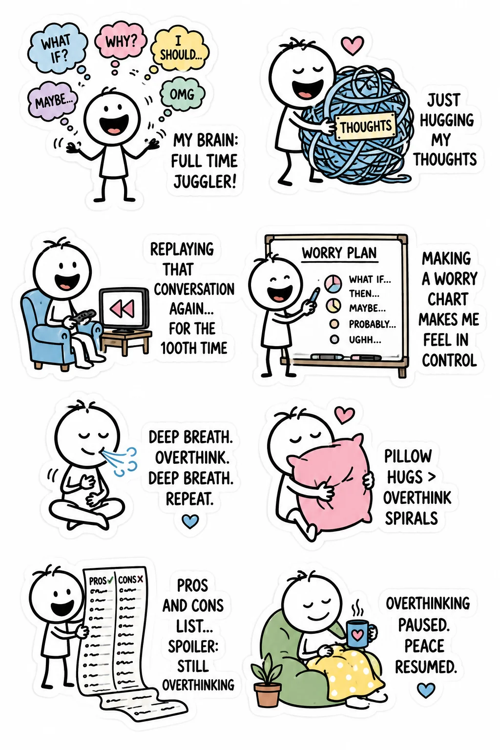 Printable funny stick figure sticker sheet with eight overthinking humor stickers