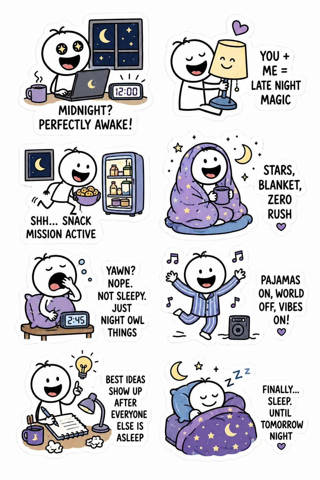 Printable funny stick figure sticker sheet with eight night owl humor stickers