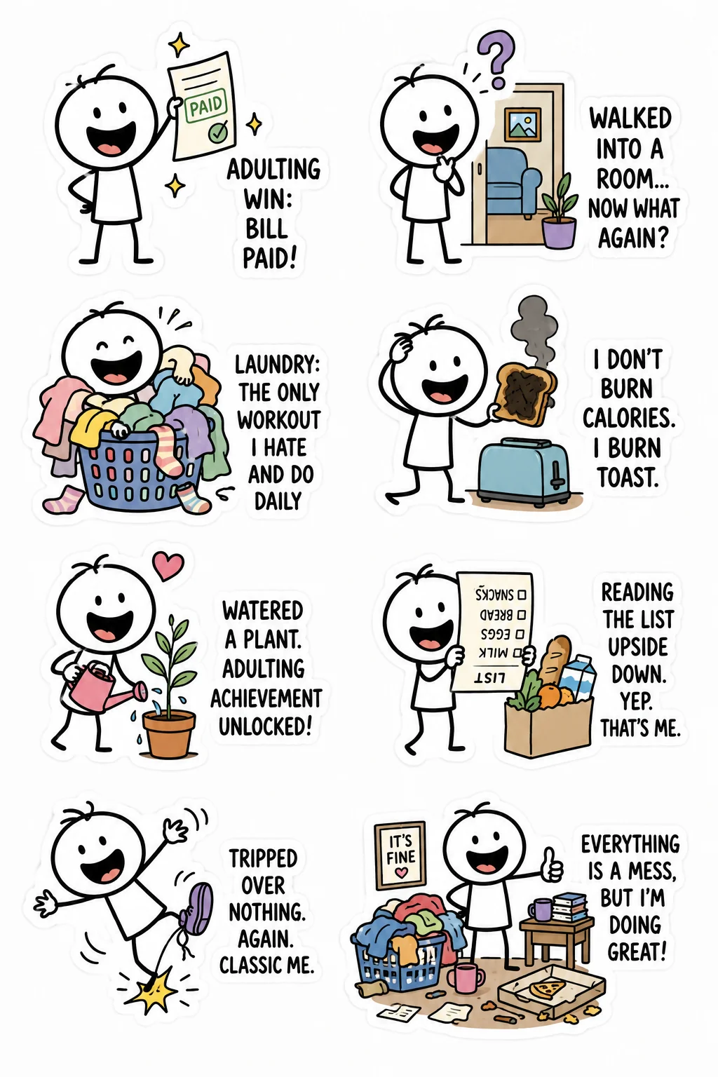 Printable funny stick figure sticker sheet with eight adulting humor stickers