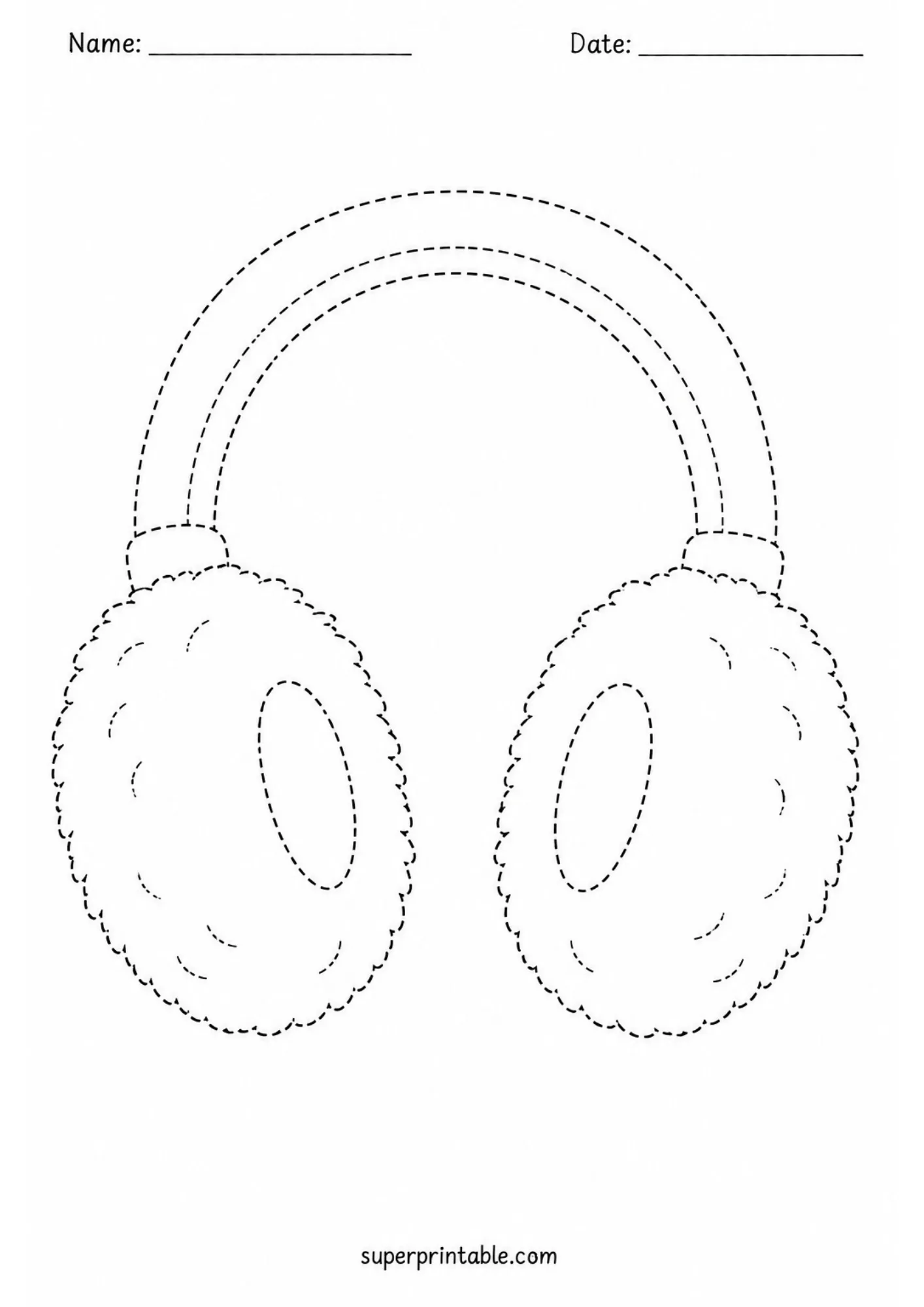Simple line tracing sheet showing fluffy winter earmuffs with a curved headband design.
