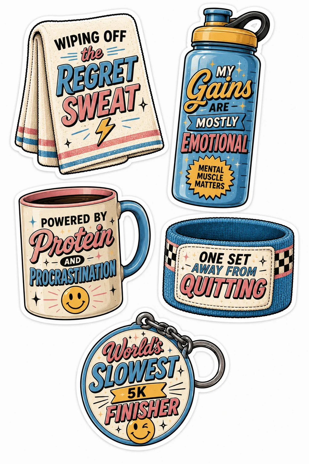 Gains Emotional Protein Procrastination Sheet featuring funny gym humor, reluctant runner quotes, fitness gear, and rest day laughs.