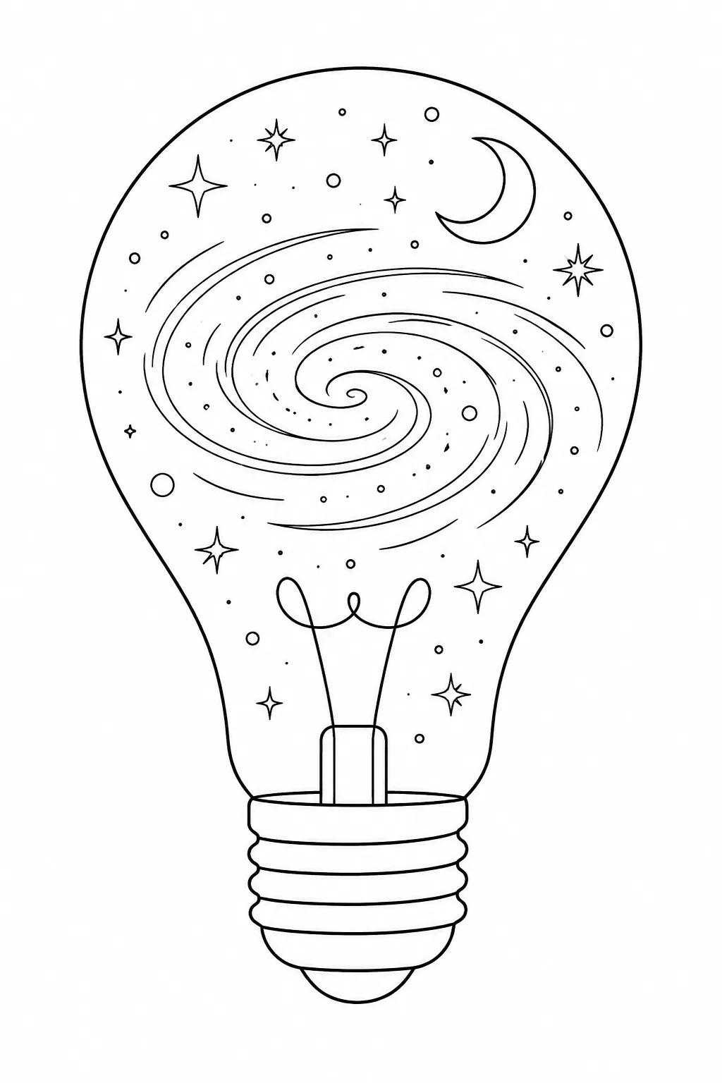 Swirling spiral galaxy with a crescent moon and twinkling stars inside a glass light bulb frame.