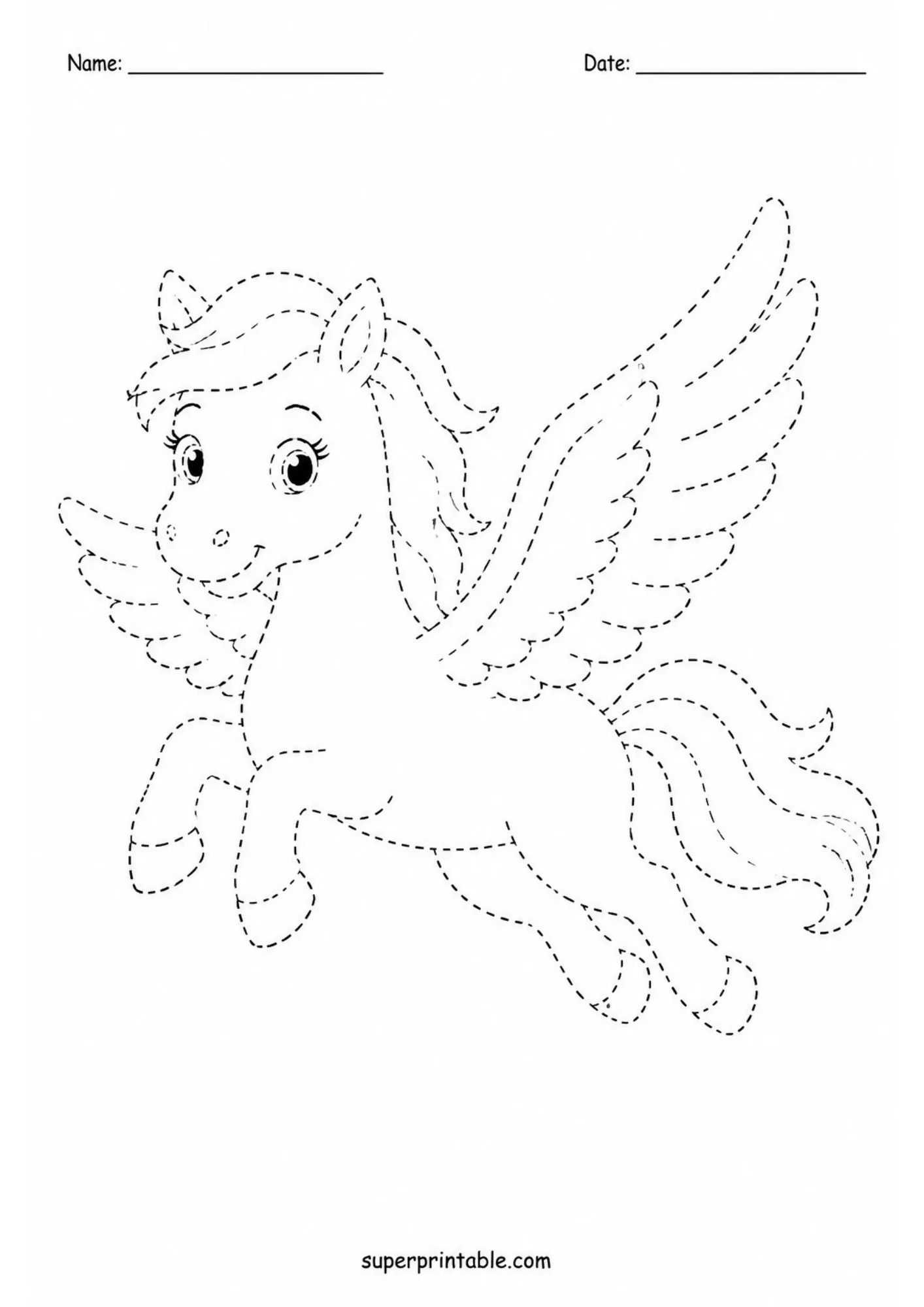 Galloping Pegasus foal flying with wide feathered wings rendered in dashed line art.