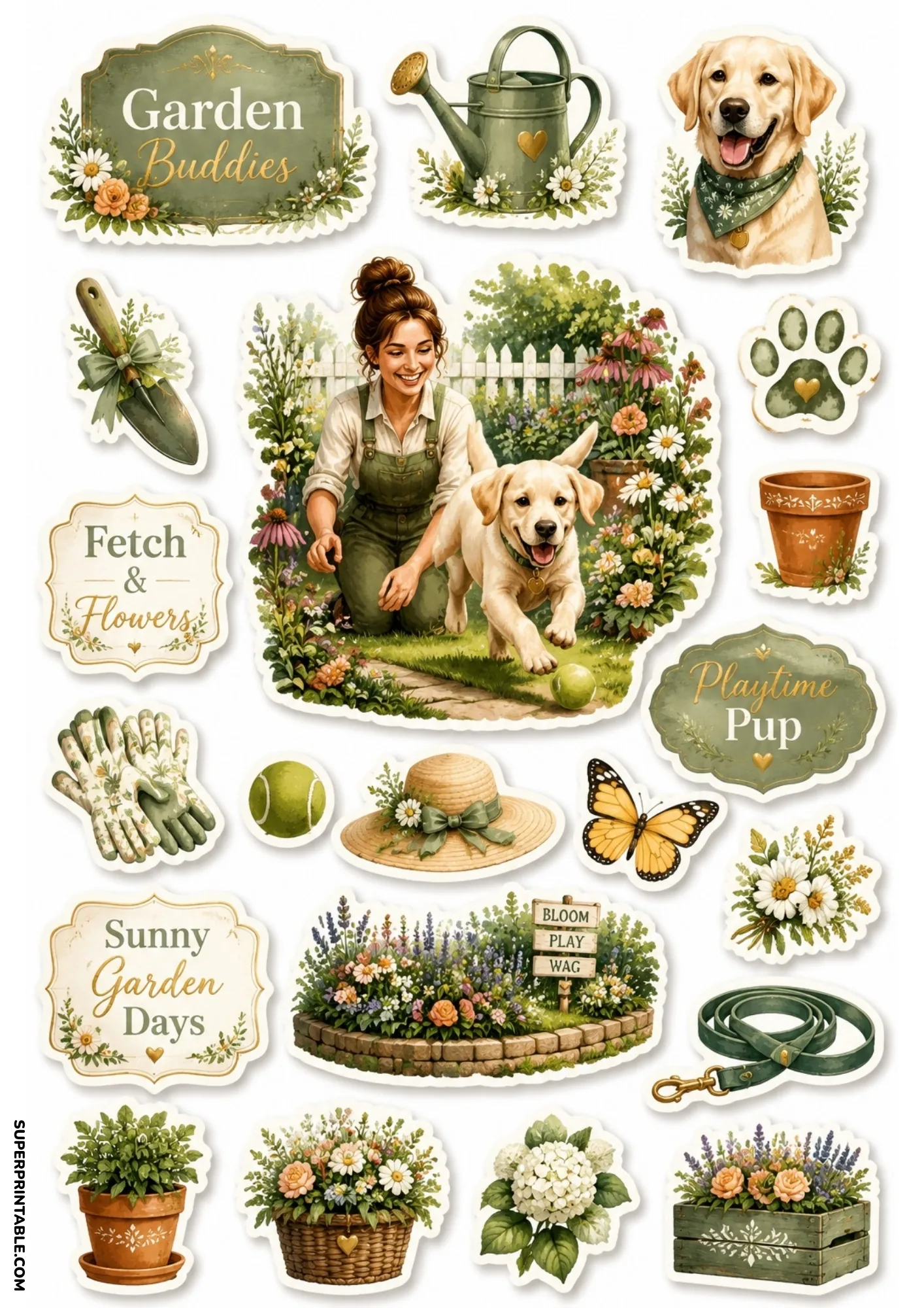 Spring garden stickers showing a woman in overalls playing fetch with a puppy among blooming flowers.