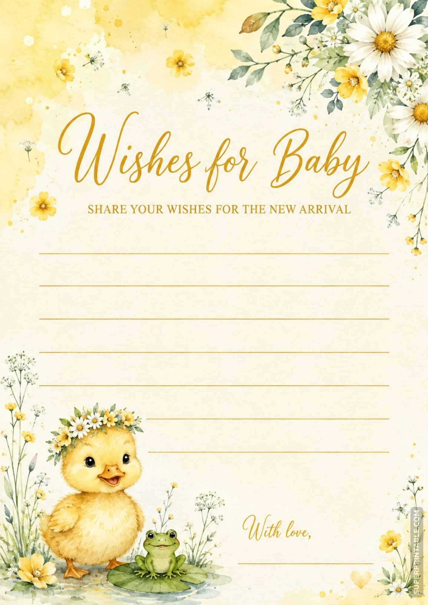 Cheerful garden card with a fluffy yellow duckling in a flower crown and a green frog on a lily pad.