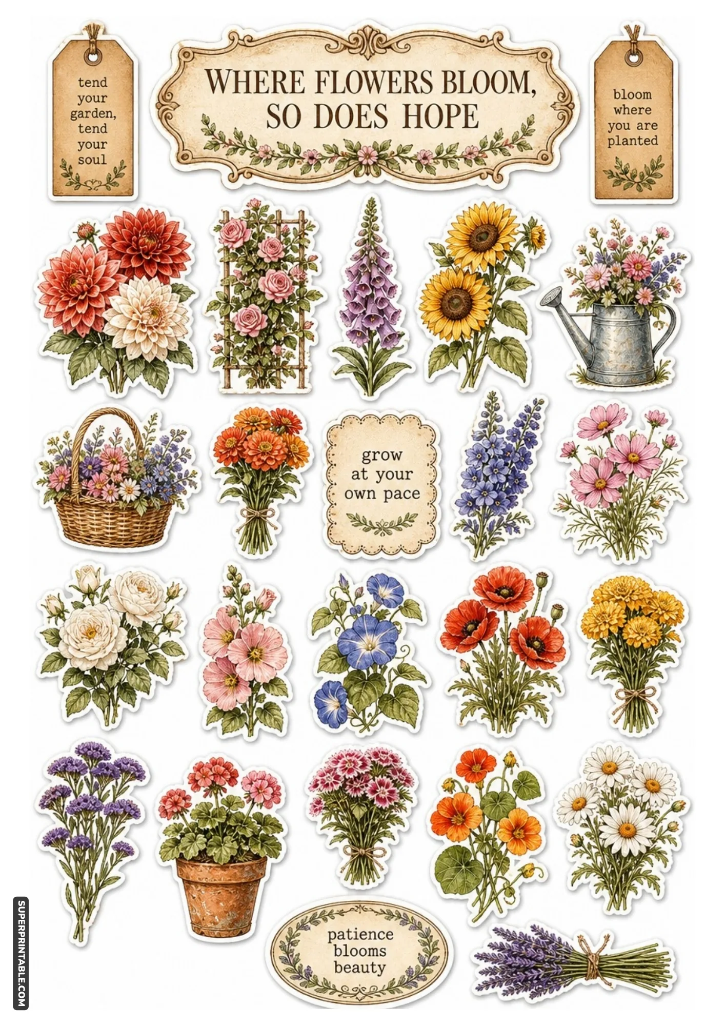 Bright garden floral illustrations with inspiring and hopeful quote tags.