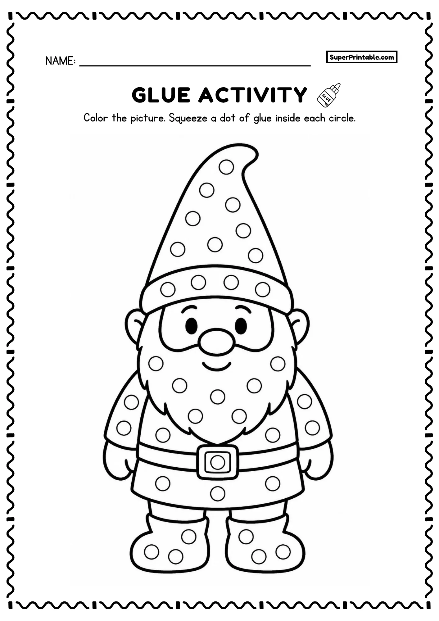 Garden gnome printable glue worksheet with pointed hat and round beard and dot circles for kids