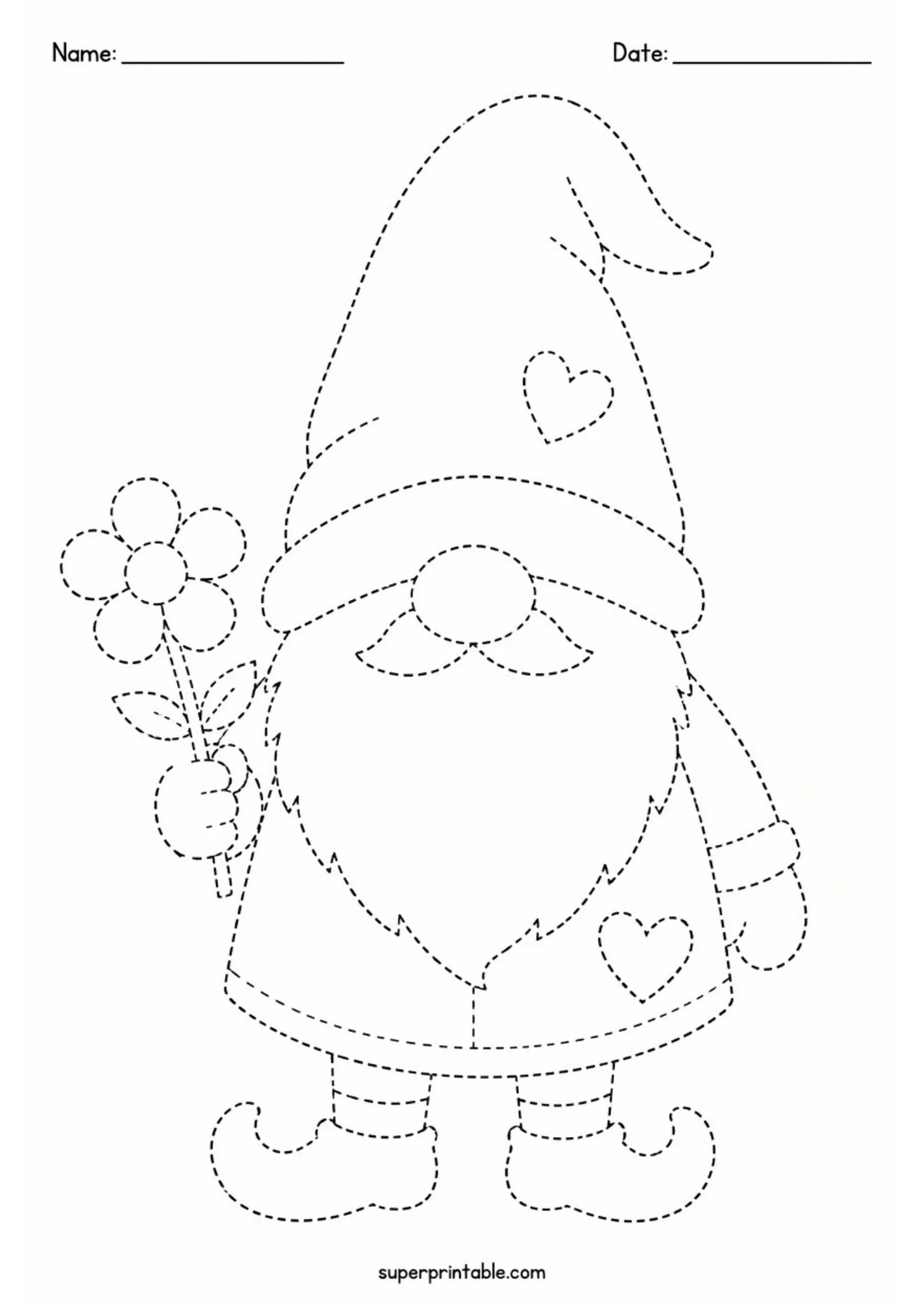 Cute garden gnome wearing a tall floppy heart hat and holding a flower in dashed lines.
