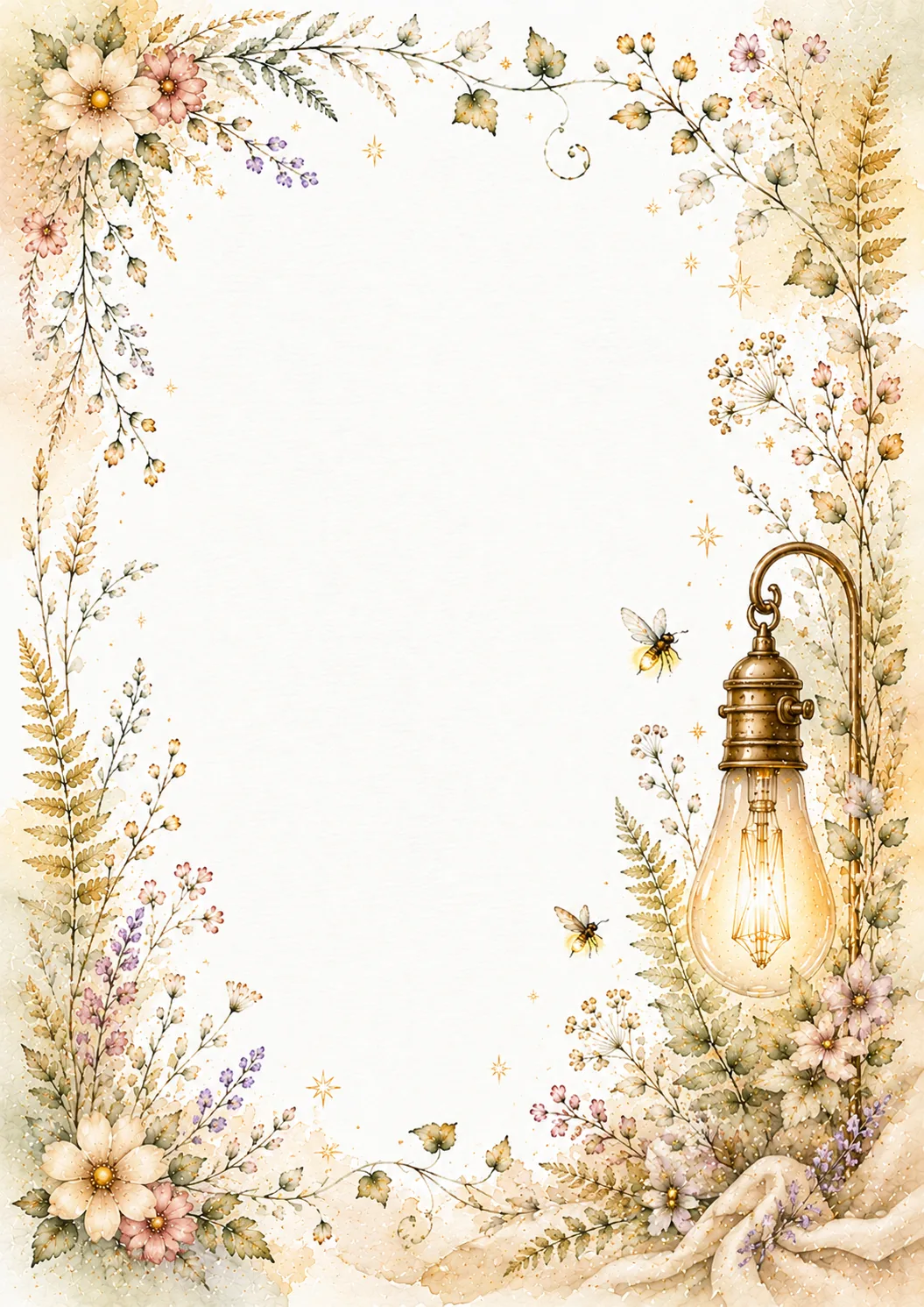 Hanging garden bulb with bees, ferns, wildflowers, and soft purple accents around blank space