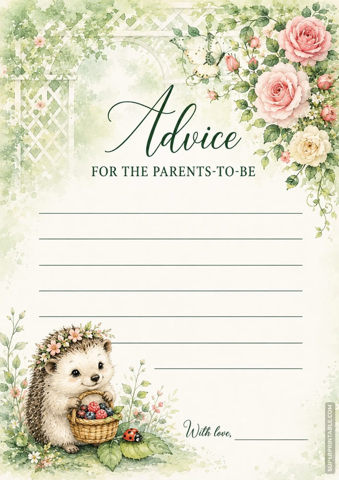 Garden rose baby shower advice printable with cute hedgehog holding berry basket under rose arch.