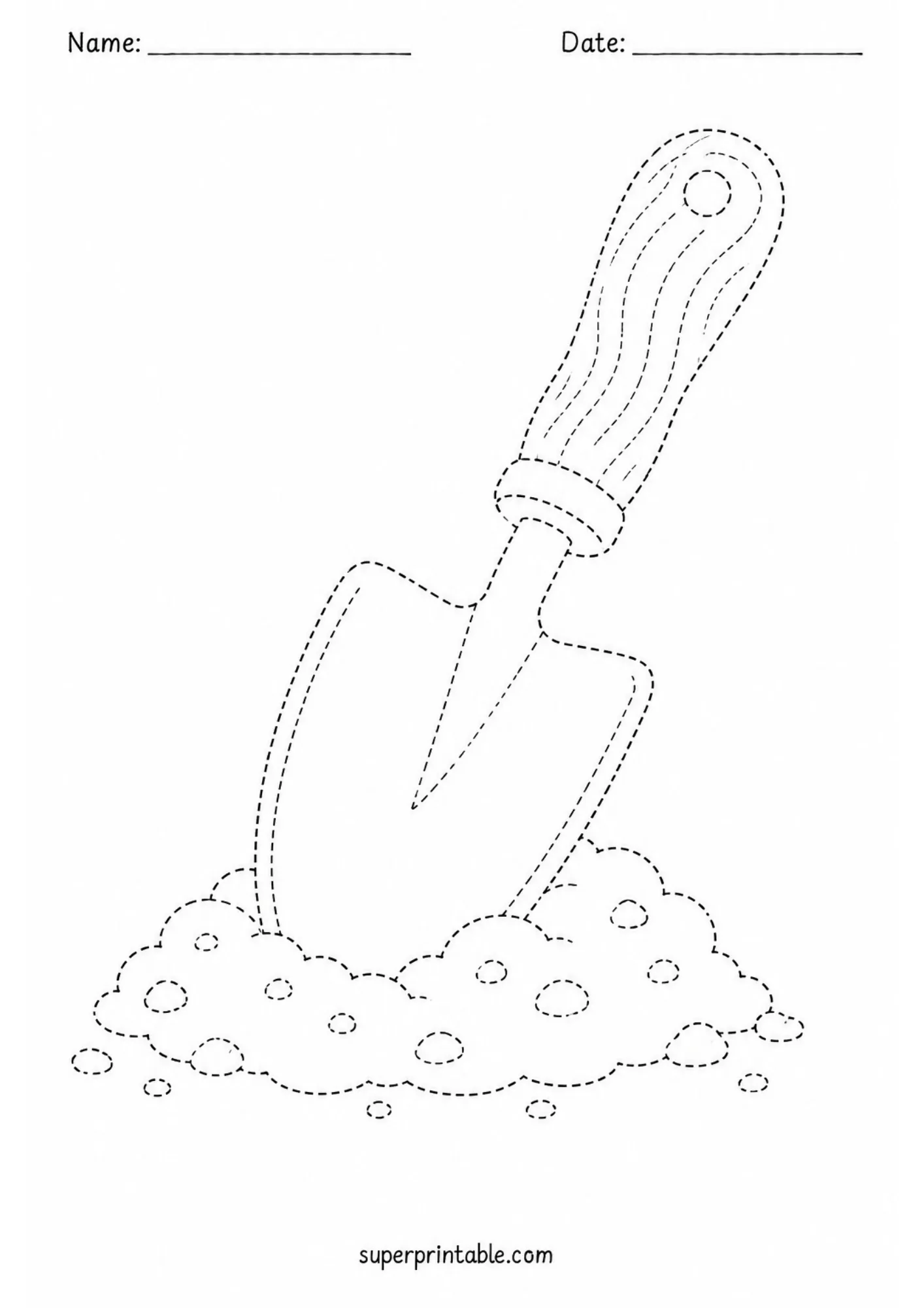 Hand tracing worksheet depicting a garden trowel shovel placed in a pile of soil.