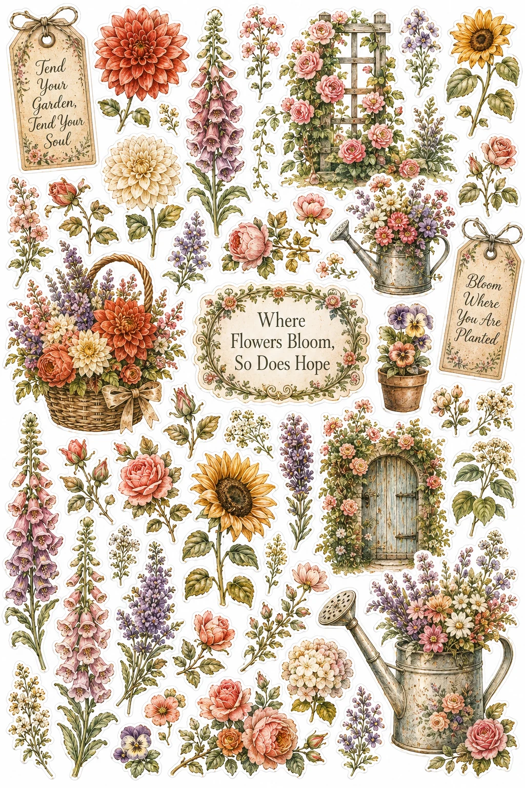 Garden Watering Can Rose Hope Sheet featuring vintage botanical illustrations, garden roses, wildflowers, and herbs.