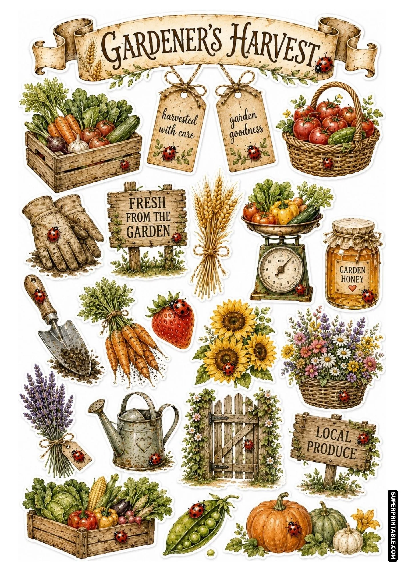 Rustic vegetable harvest sticker sheet featuring garden produce, wooden crates, pumpkins, and ladybugs on farm veggies.
