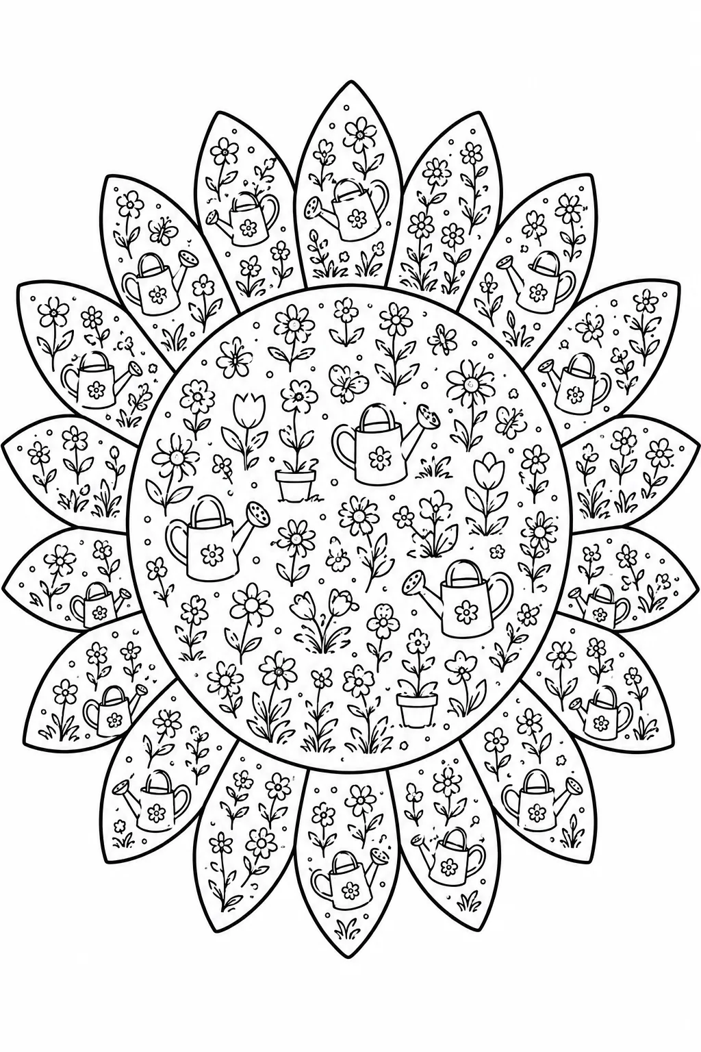 Gardening themed sunflower page featuring tiny watering cans and potted plant outlines.