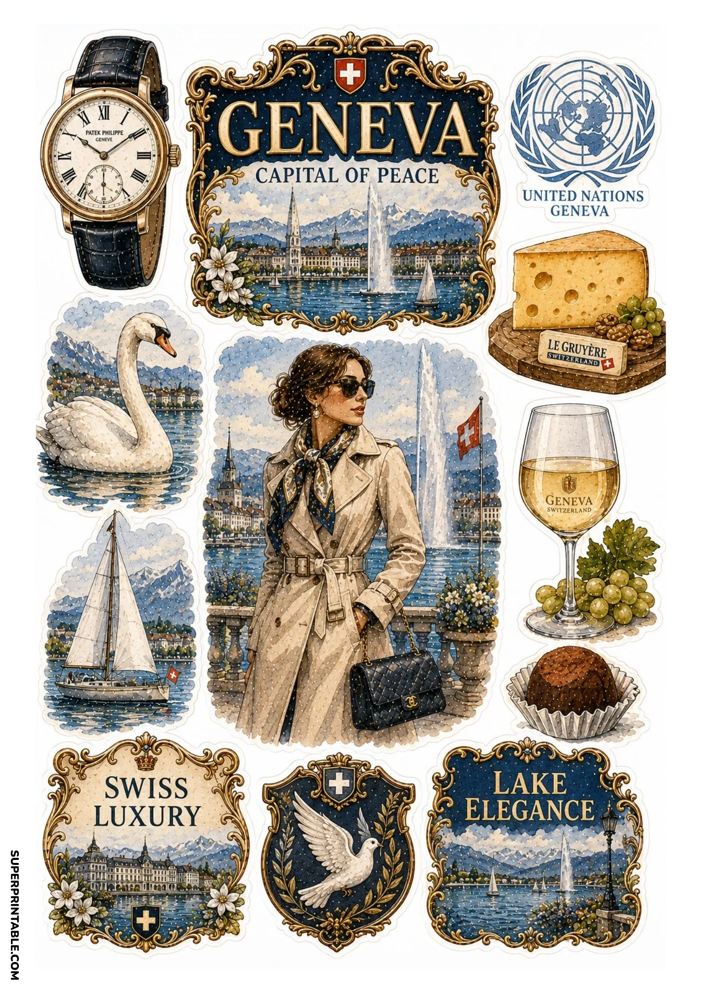 Geneva travel sticker sheet showing Jet d'Eau fountain, Swiss watch, and fondue
