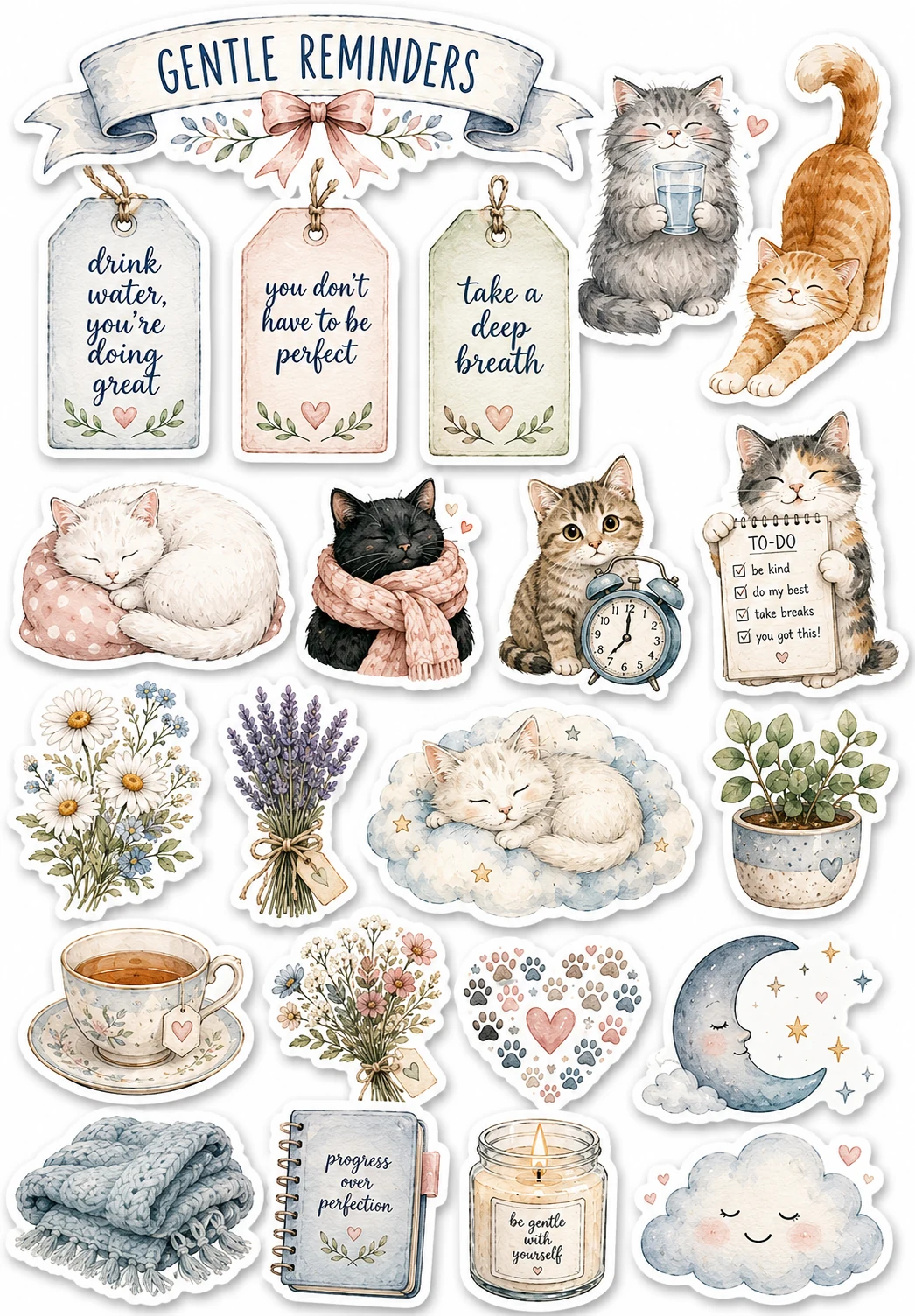 Gentle Reminders Cloud Cat Affirmation Sheet featuring cozy cats, mental health self-care, mindfulness, and gentle affirmations.