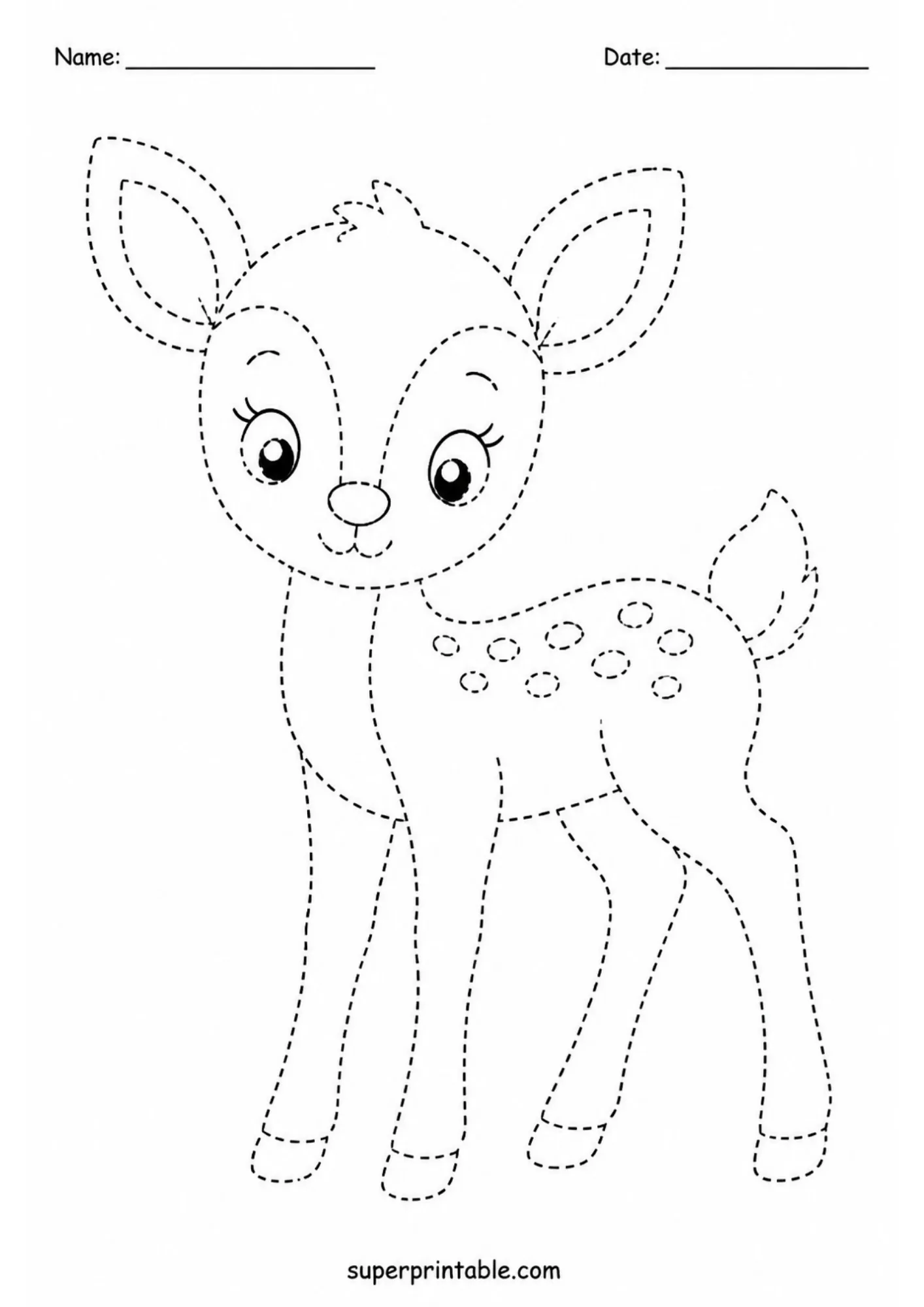 Gentle baby fawn deer with spots dashed line tracing printable page for preschoolers.