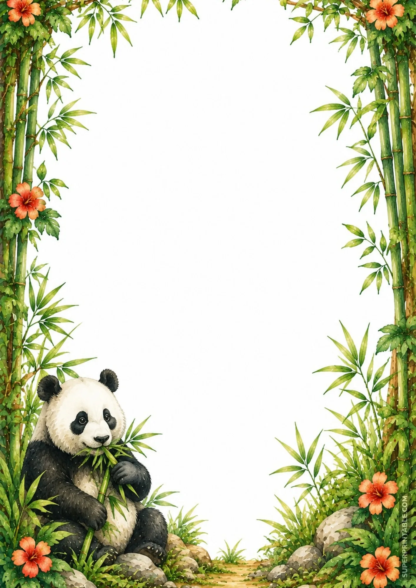Giant panda sitting and eating bamboo in a dense bamboo forest frame decorated with orange flowers.