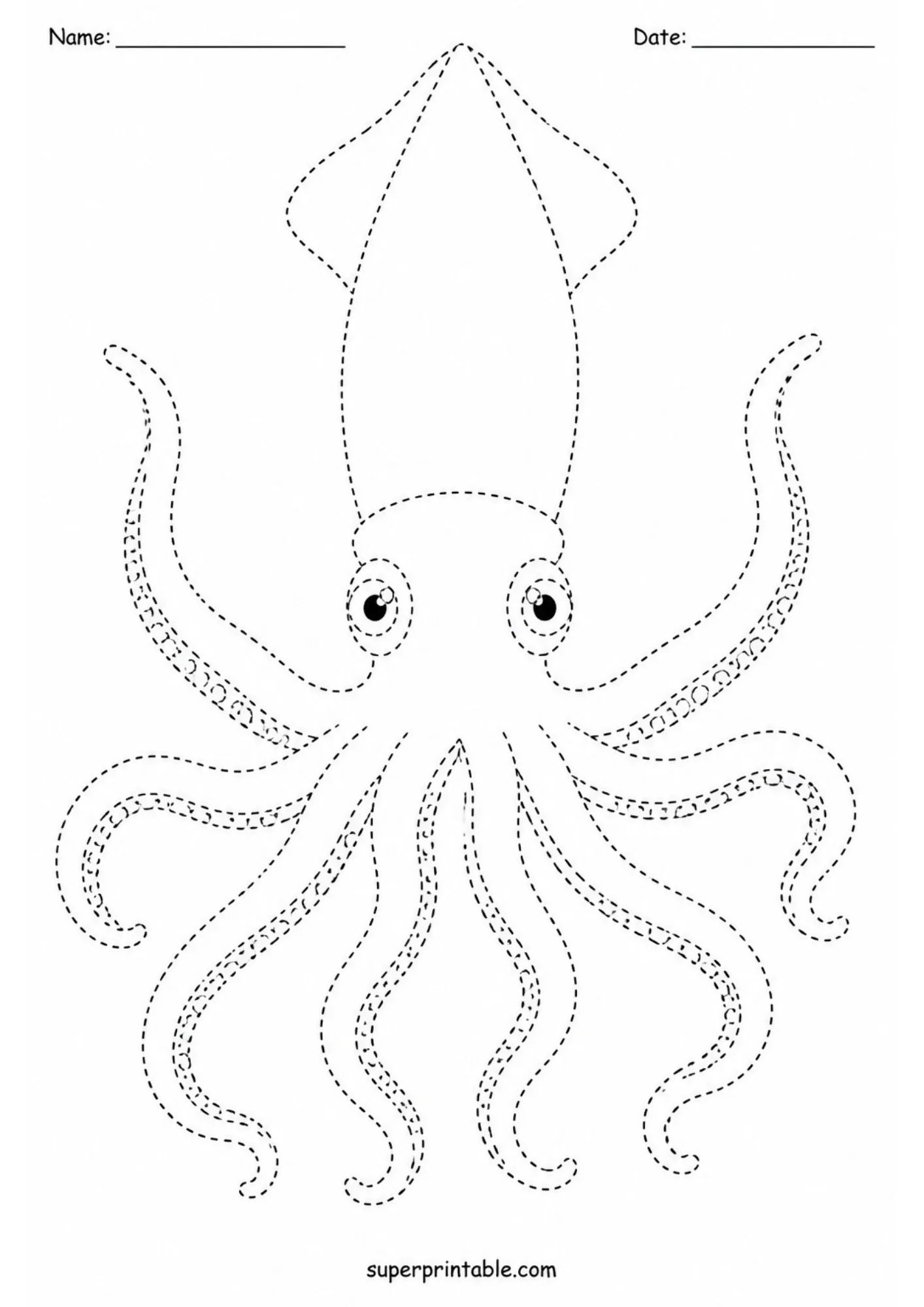 Cute giant squid tracing printable worksheet with dashed tentacles and large friendly eyes for young learners.