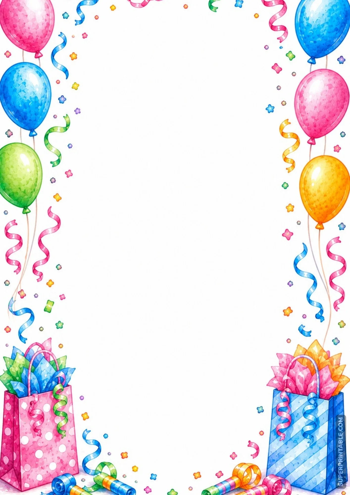 Watercolor stationery border with decorative party gift bags and floating balloons.