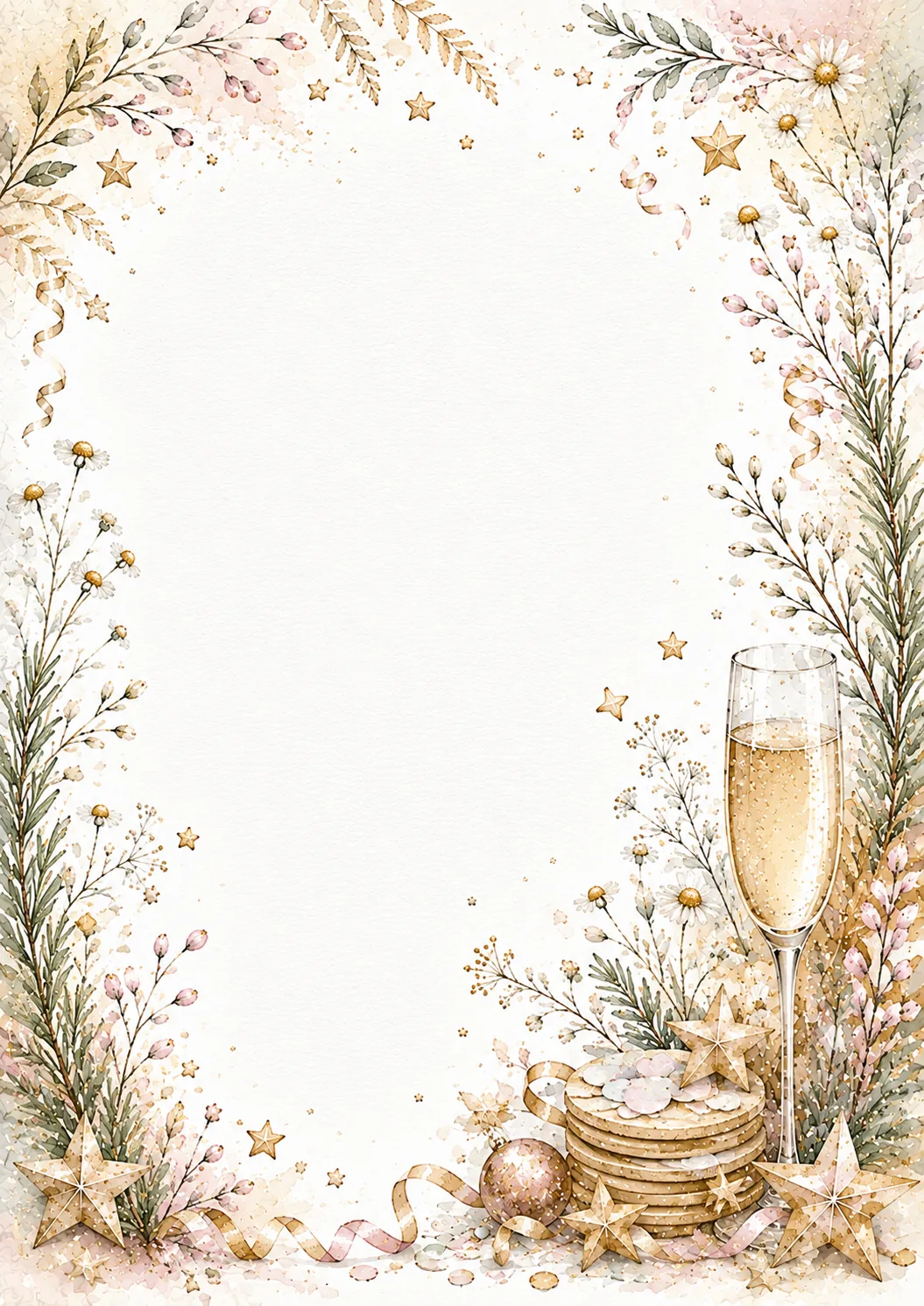 Festive writing page with party hat, wooden window, flowers and elegant celebration border.