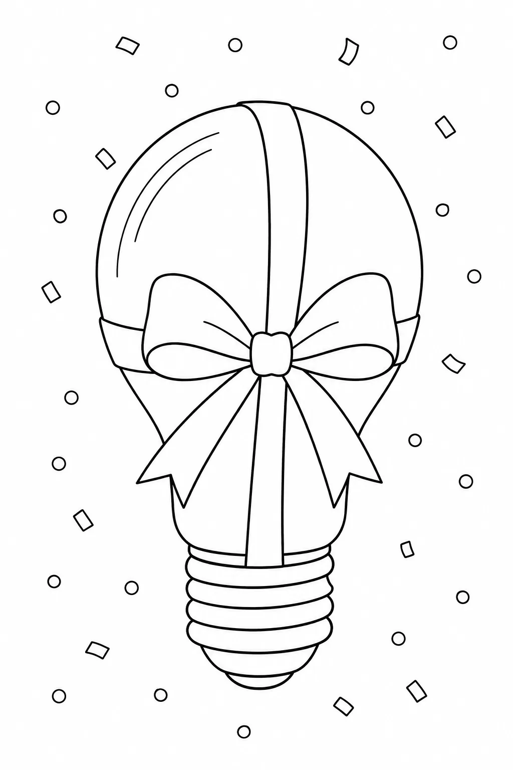 Decorative gift ribbon and tied bow wrapped around a light bulb with scattered confetti.