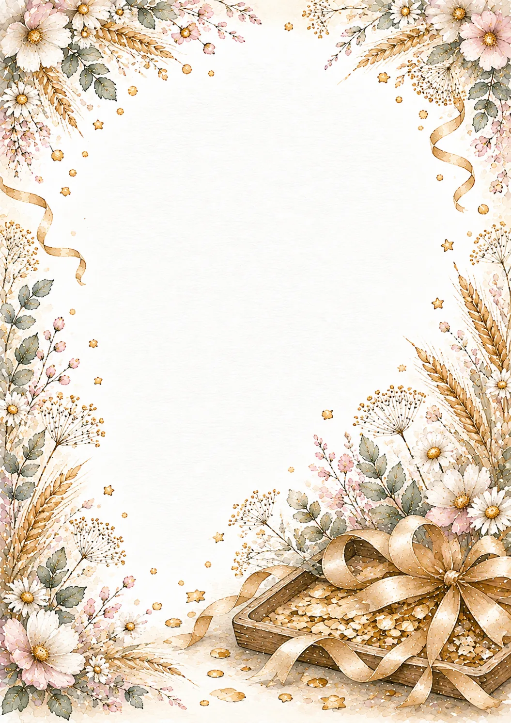 Printable festive stationery with gift tray, golden ribbon and watercolor floral border.