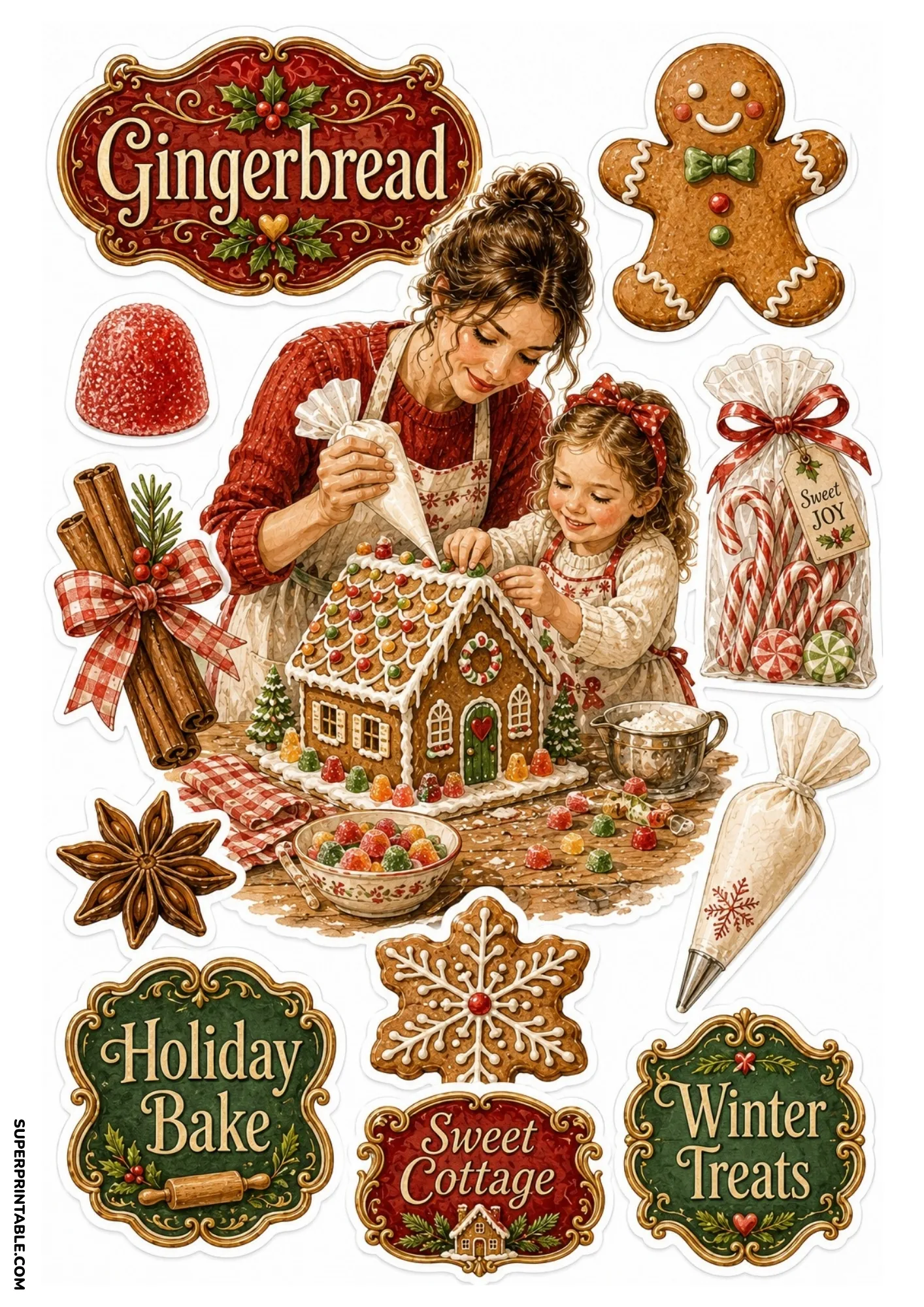 Gingerbread holiday sticker sheet showing a mother and child decorating a gingerbread house, gingerbread man, and candy canes.
