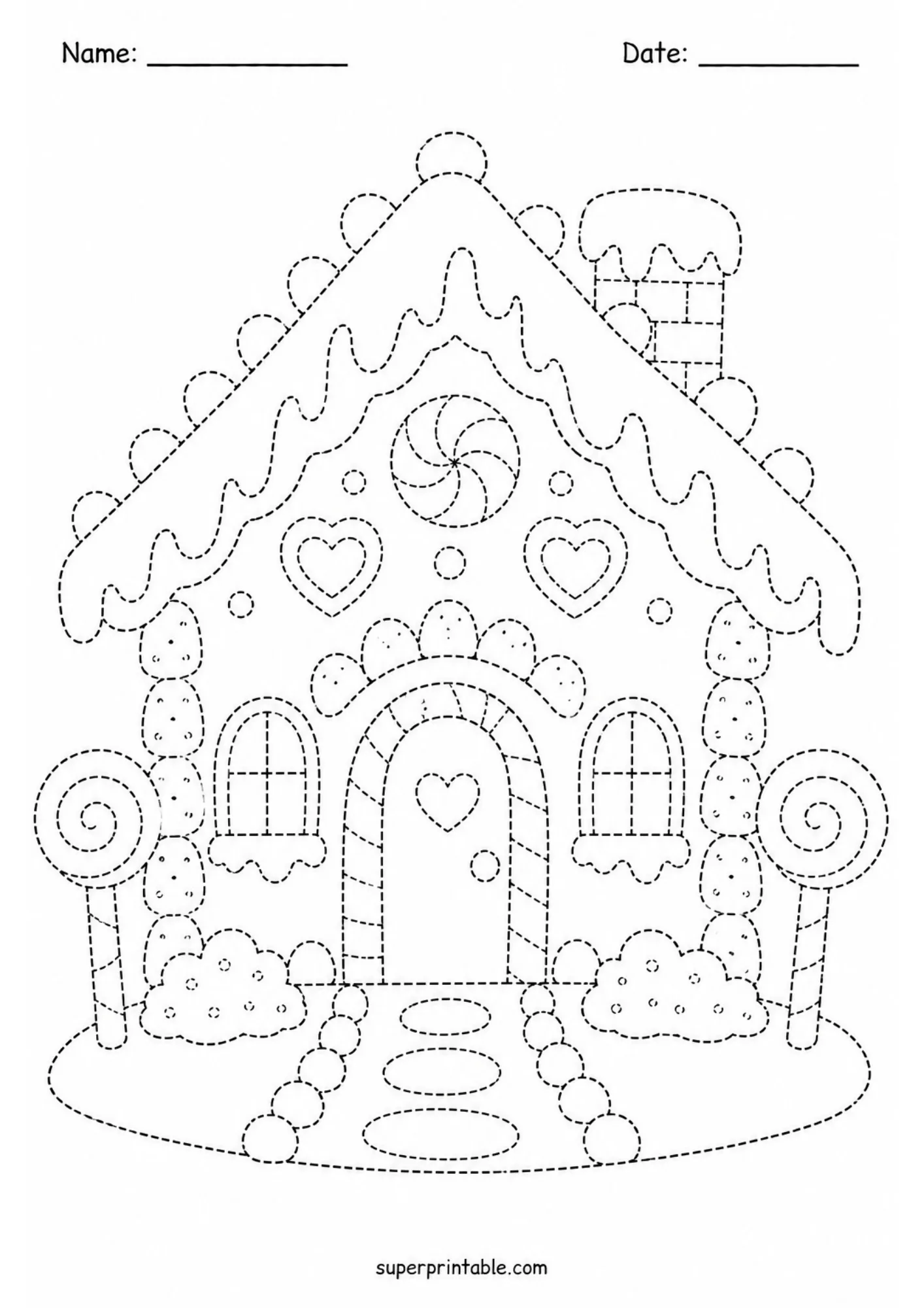 Detailed gingerbread house dashed line tracing worksheet designed for pre-writing practice and fine motor development.