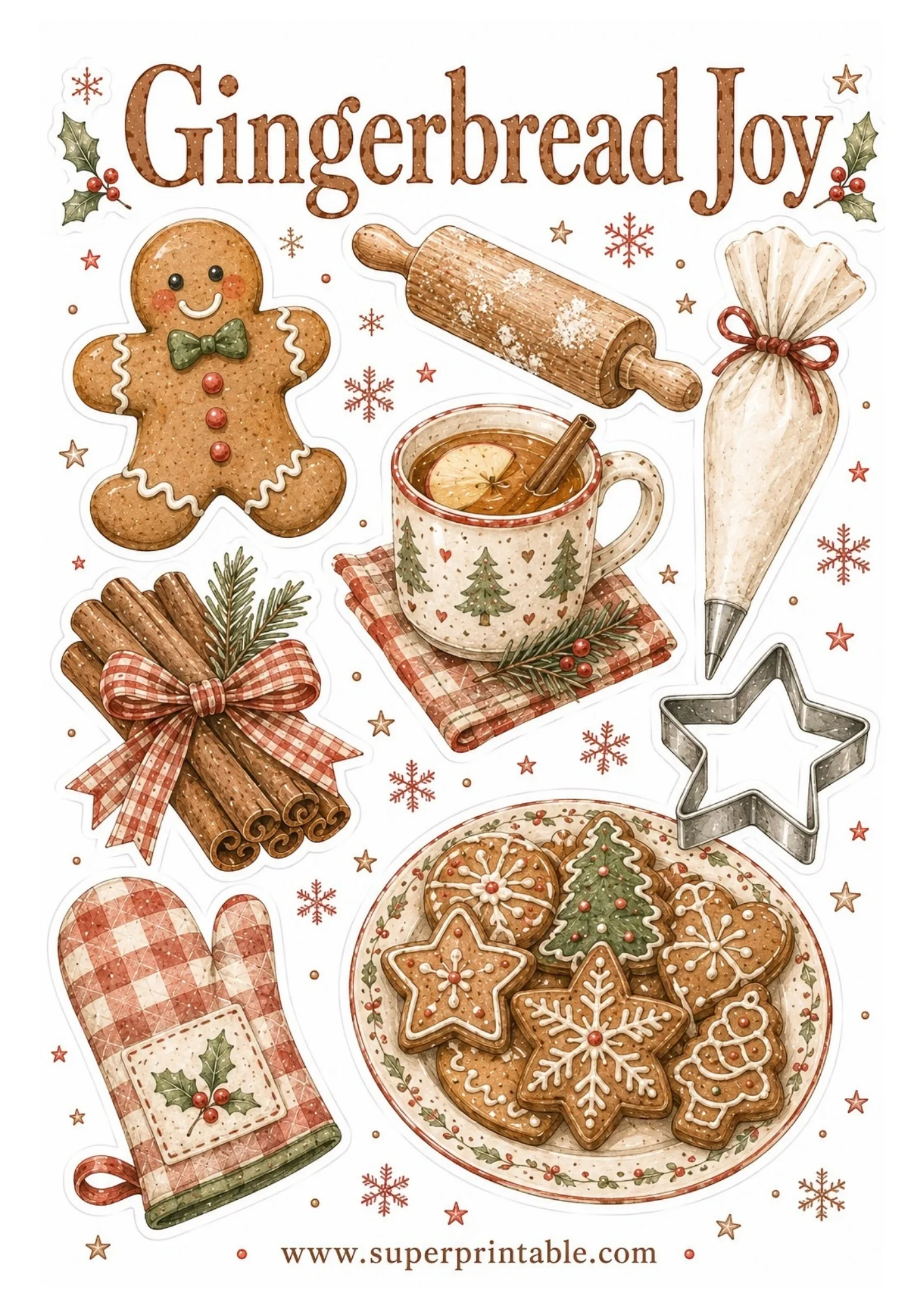 Printable holiday baking sticker sheet featuring watercolor gingerbread man, rolling pin, piping bag, cinnamon bundle, star cookie cutter, oven mitt, and cookies plate.
