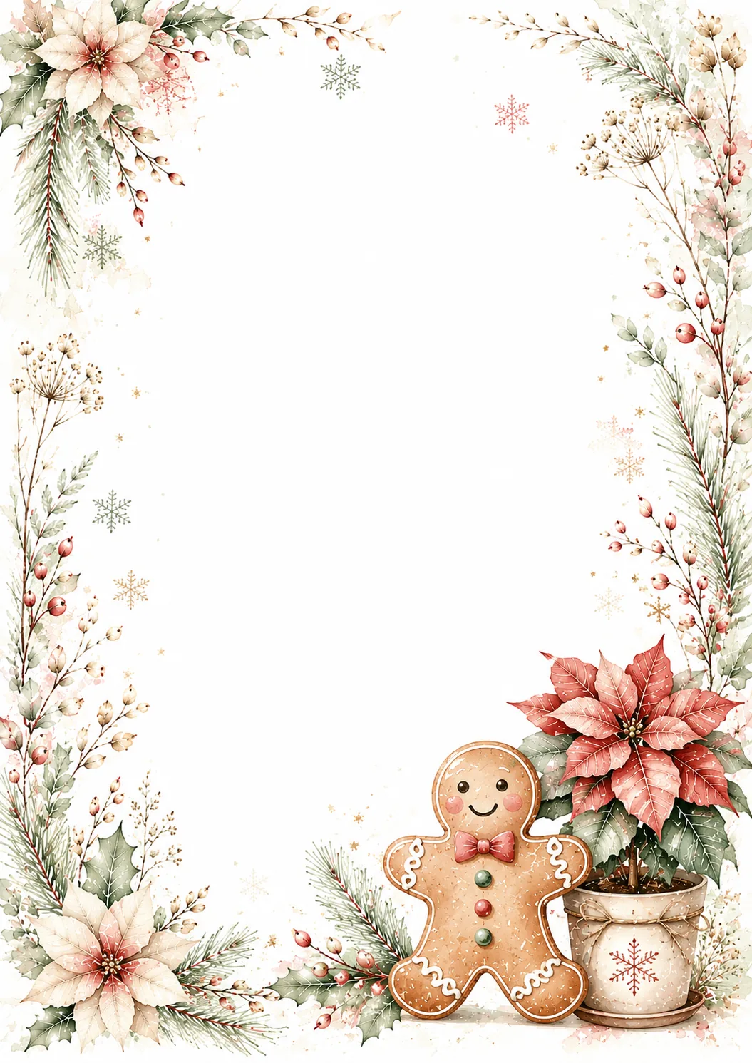 Cheerful Christmas border with smiling gingerbread figure, red poinsettia, holly, berries, and pine