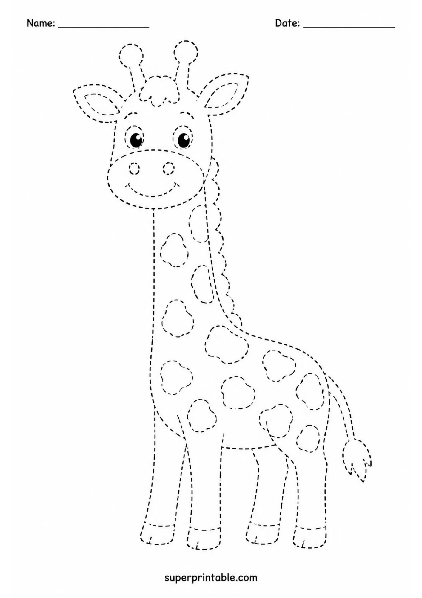 Dotted line drawing of a tall giraffe with spots for kids to trace.