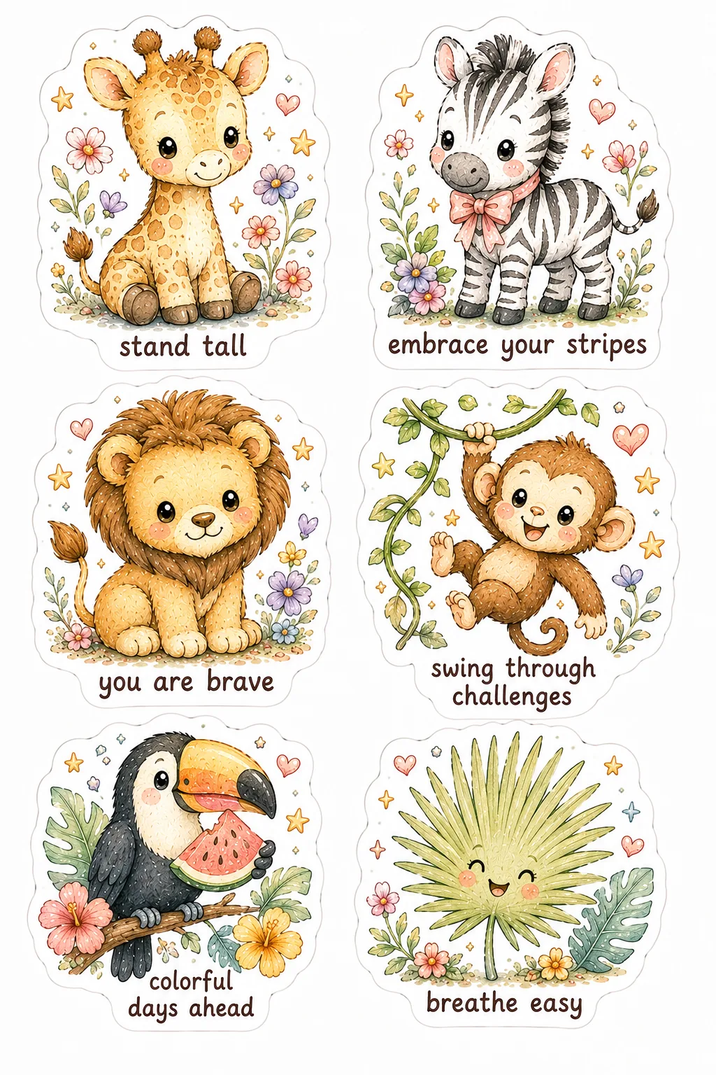Watercolor giraffe, zebra, lion, monkey, toucan, and tropical leaf stickers with uplifting sayings
