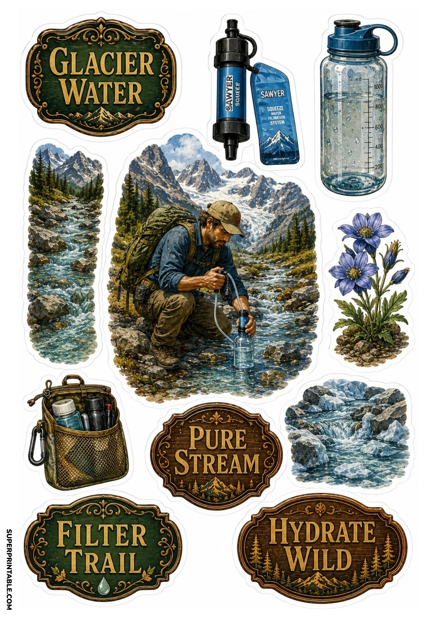 Hydration sticker sheet with a hiker filtering water in a mountain stream, water bottle, Sawyer filter, alpine flowers, and water badges.