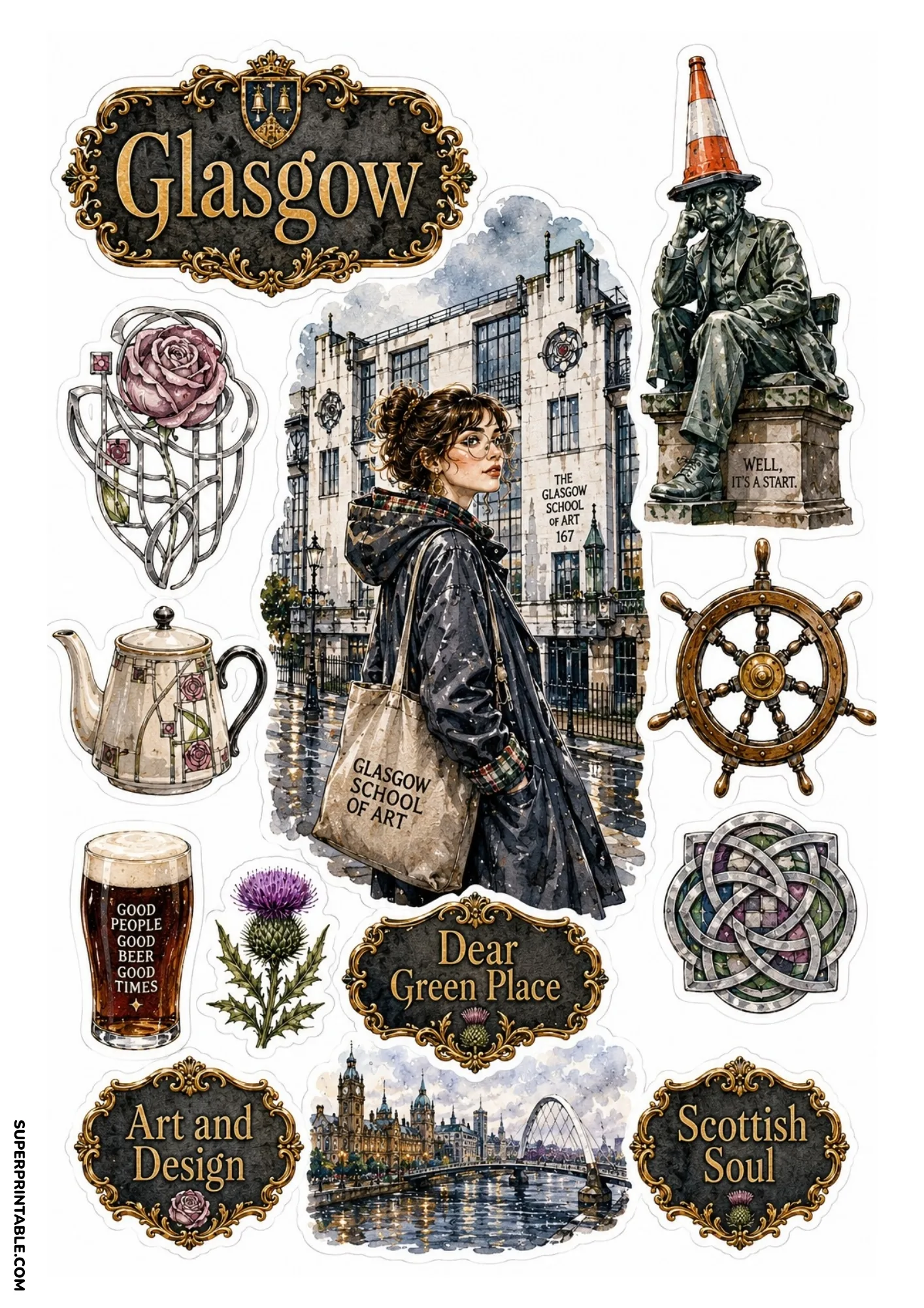 Glasgow city sticker sheet featuring Victorian architecture and Highland cow