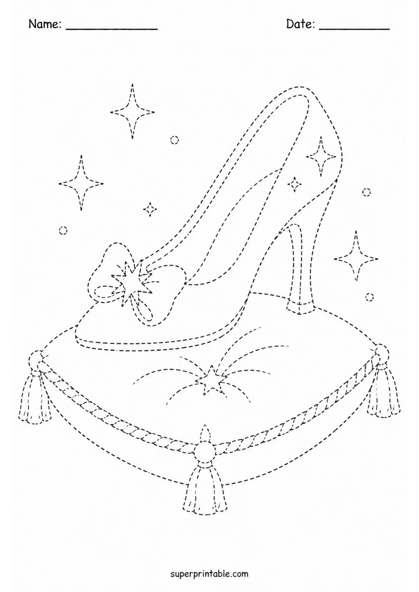 Fairytale glass slipper resting on a plush cushion line tracing page for magical story-themed fine motor activities.